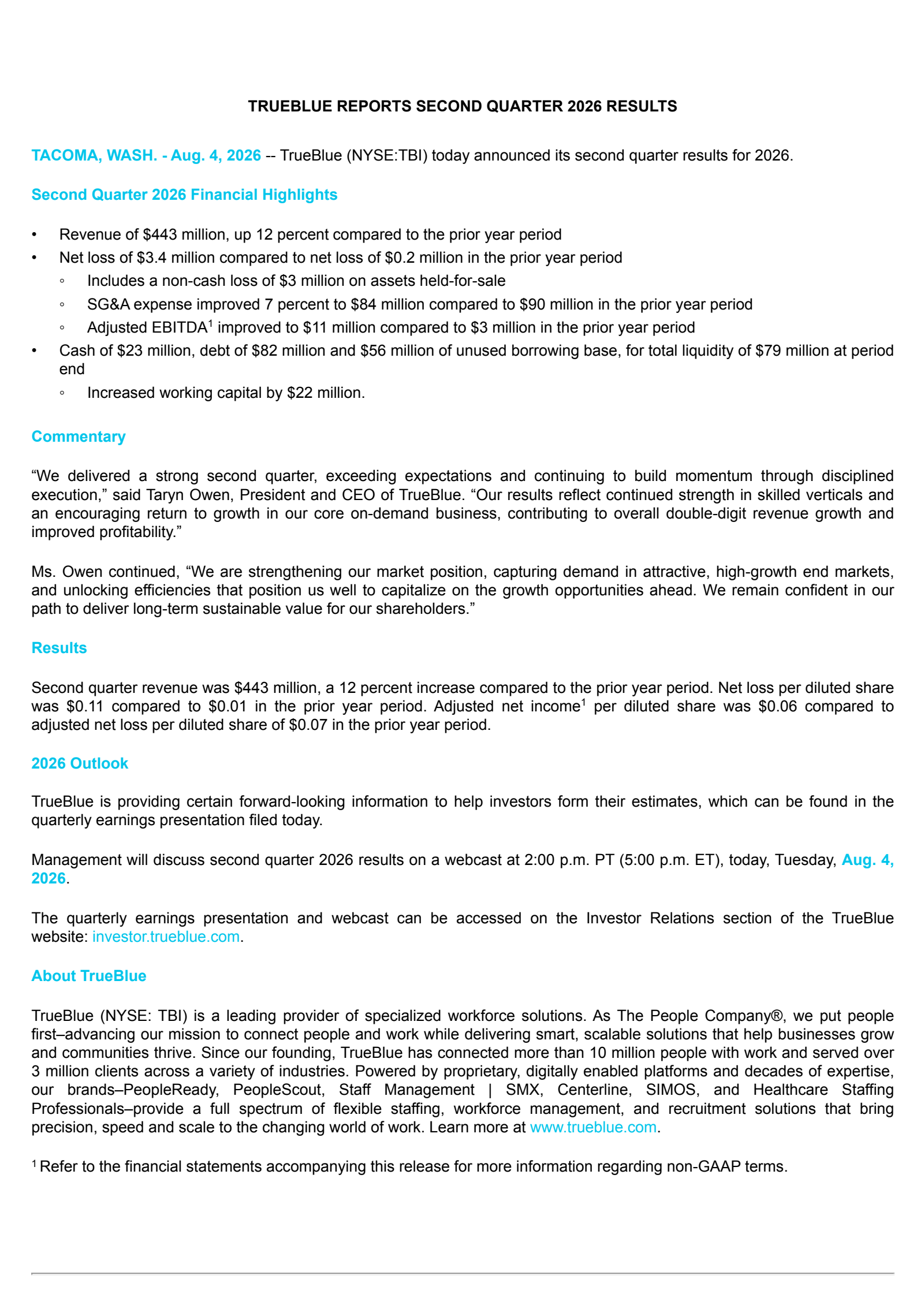 TrueBlue's Q2 2026 Press Release