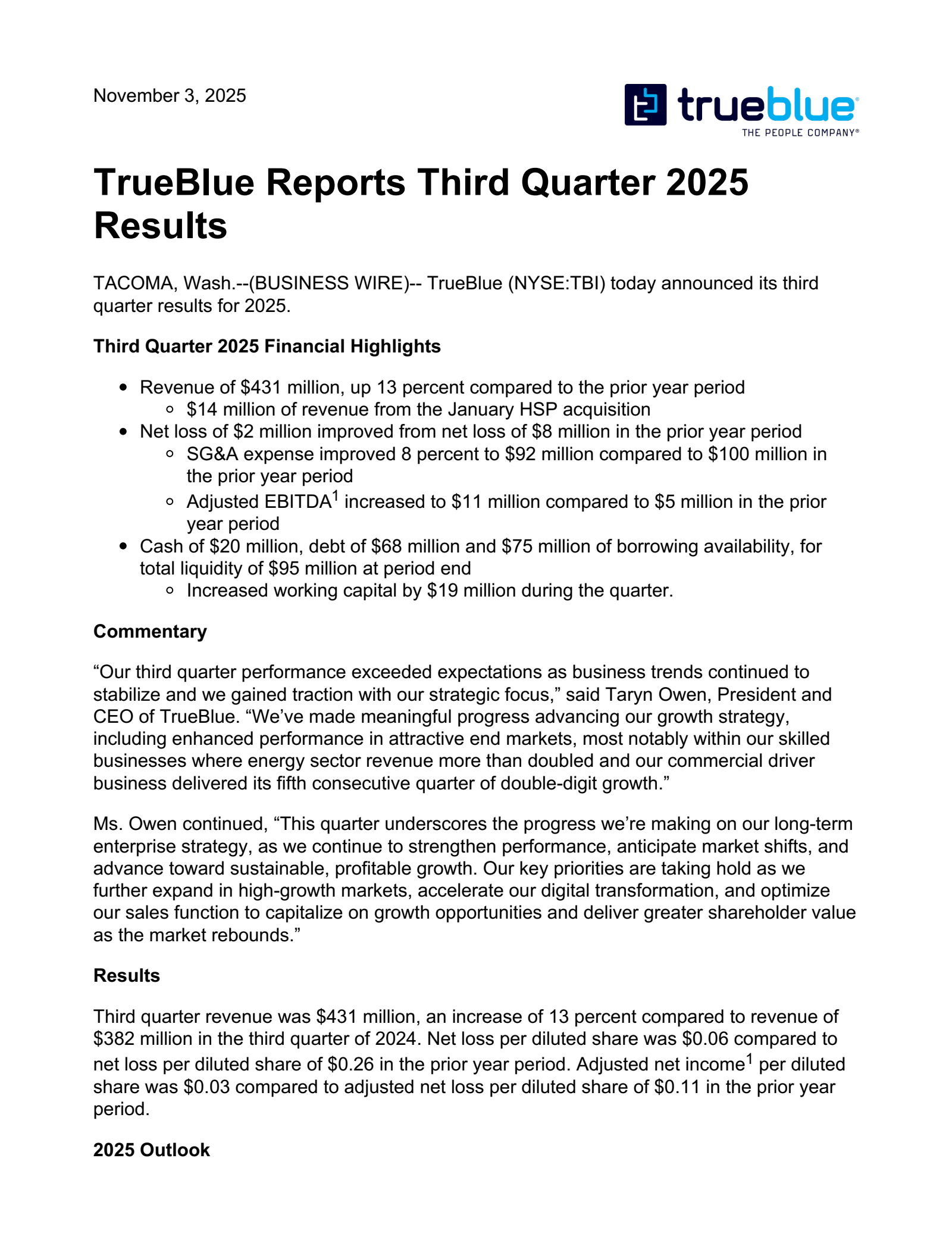 TrueBlue's Q3 2025 Earnings Release