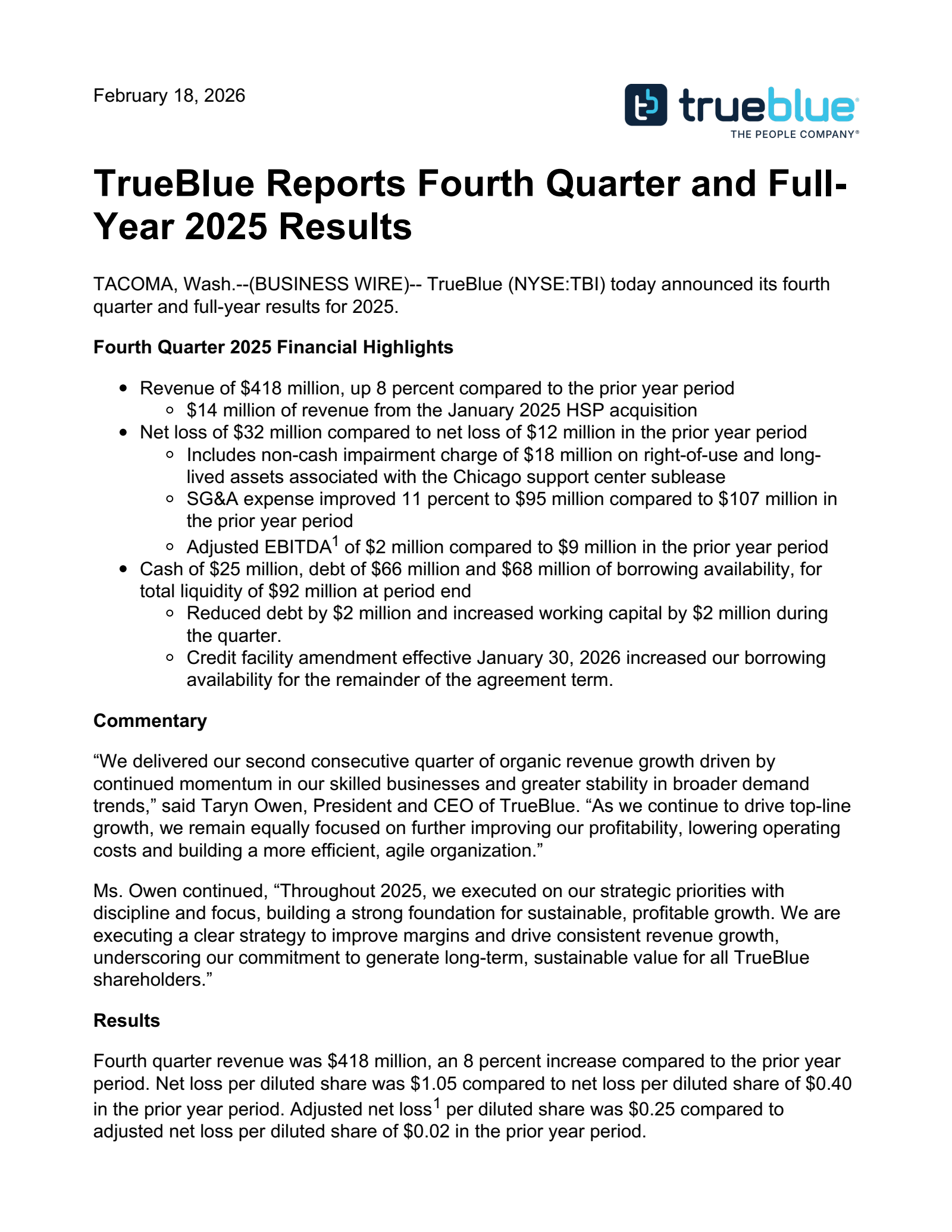 TrueBlue's Q4 2025 Press Release