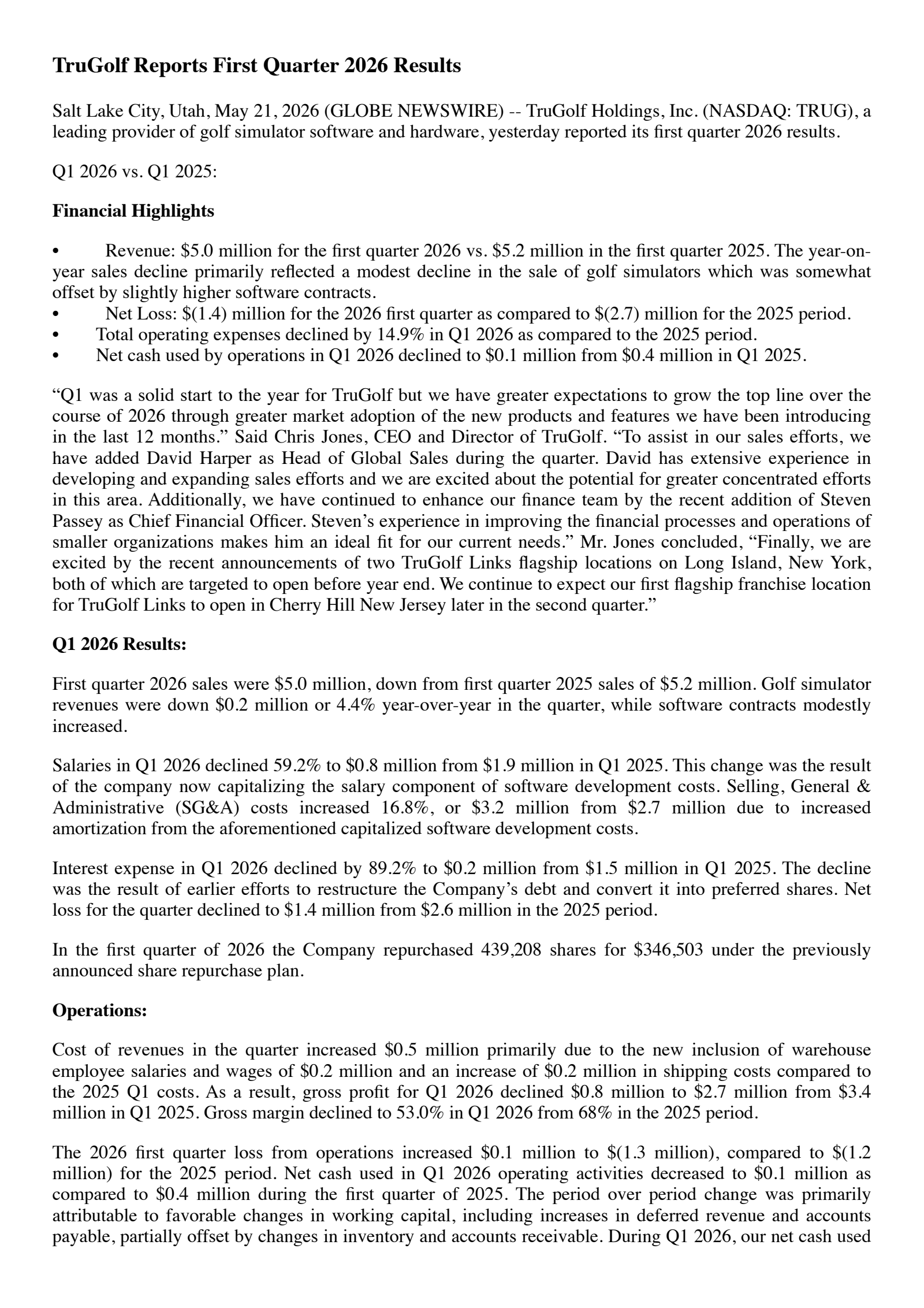 TruGolf's Q1 2026 Press Release