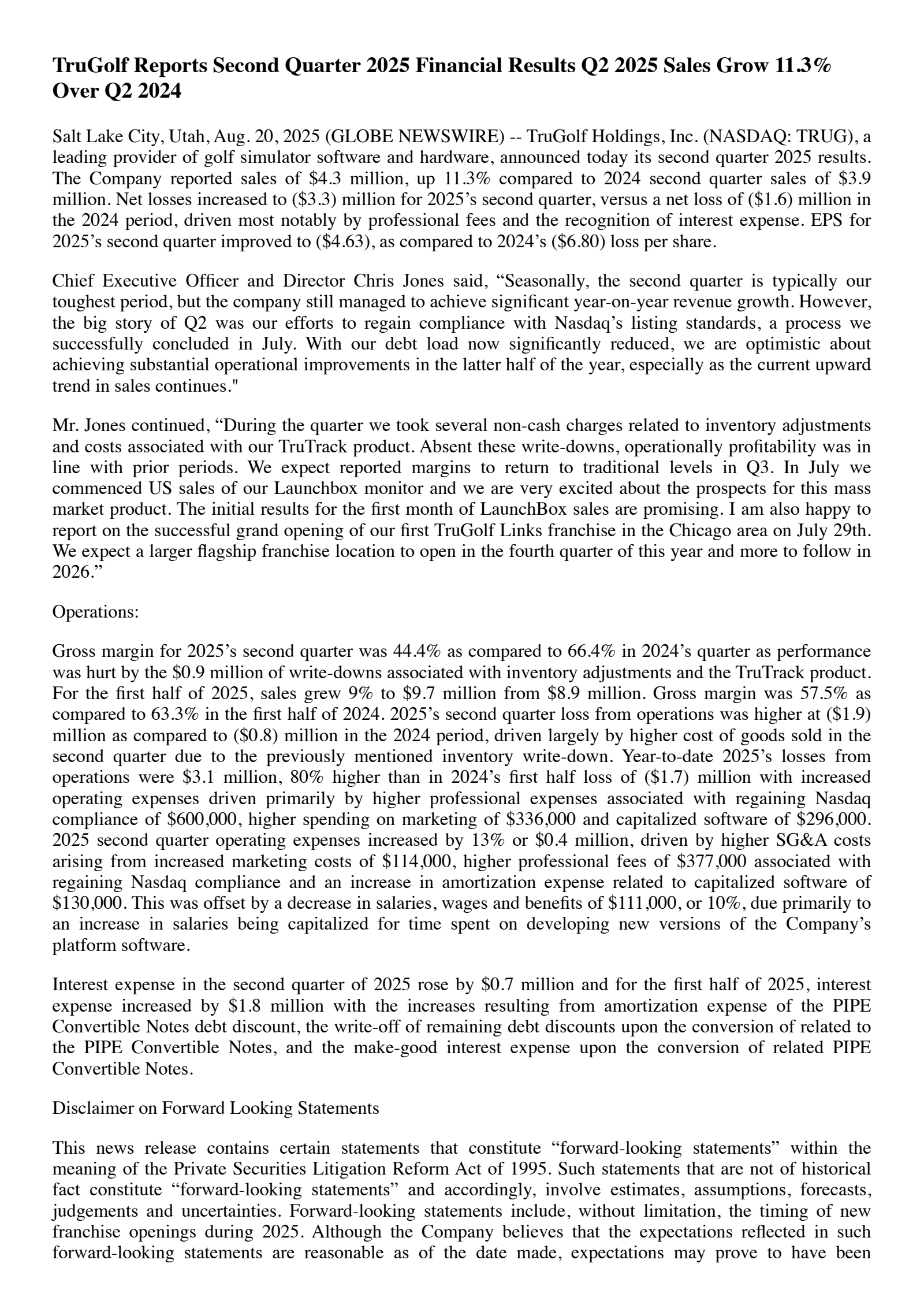 TruGolf's Q2 2025 Press Release