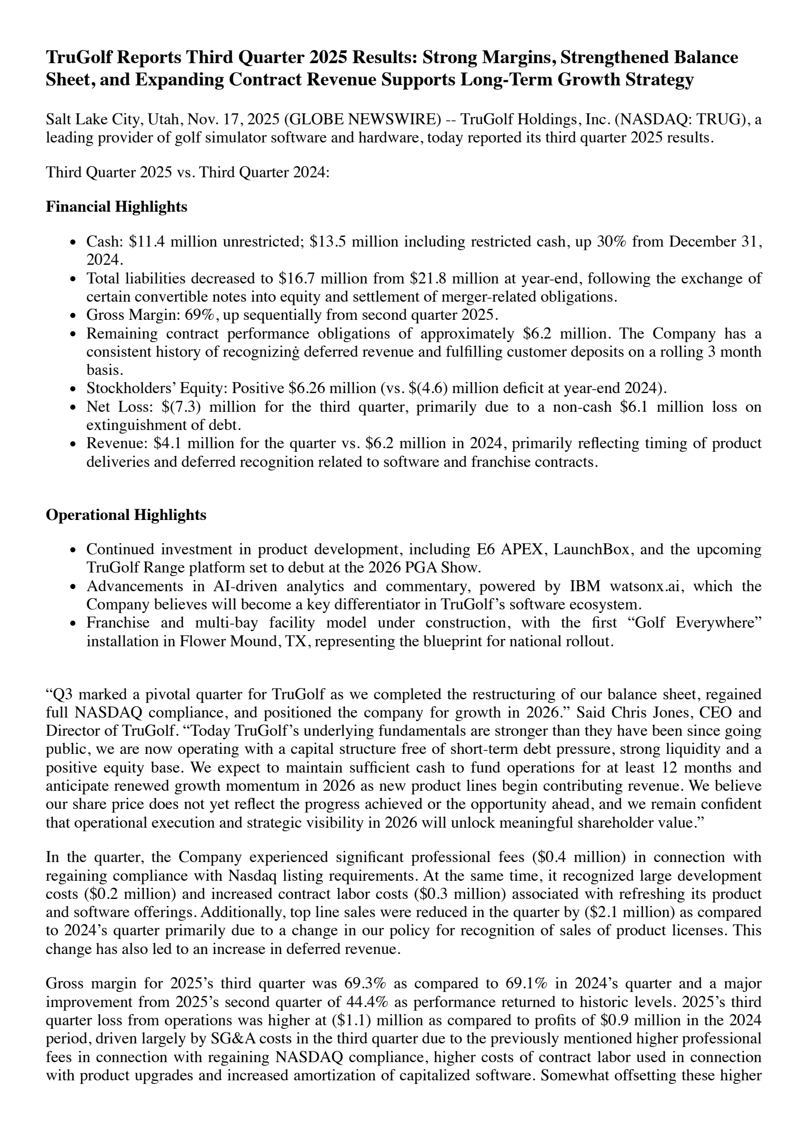 TruGolf's Q3 2025 Press Release