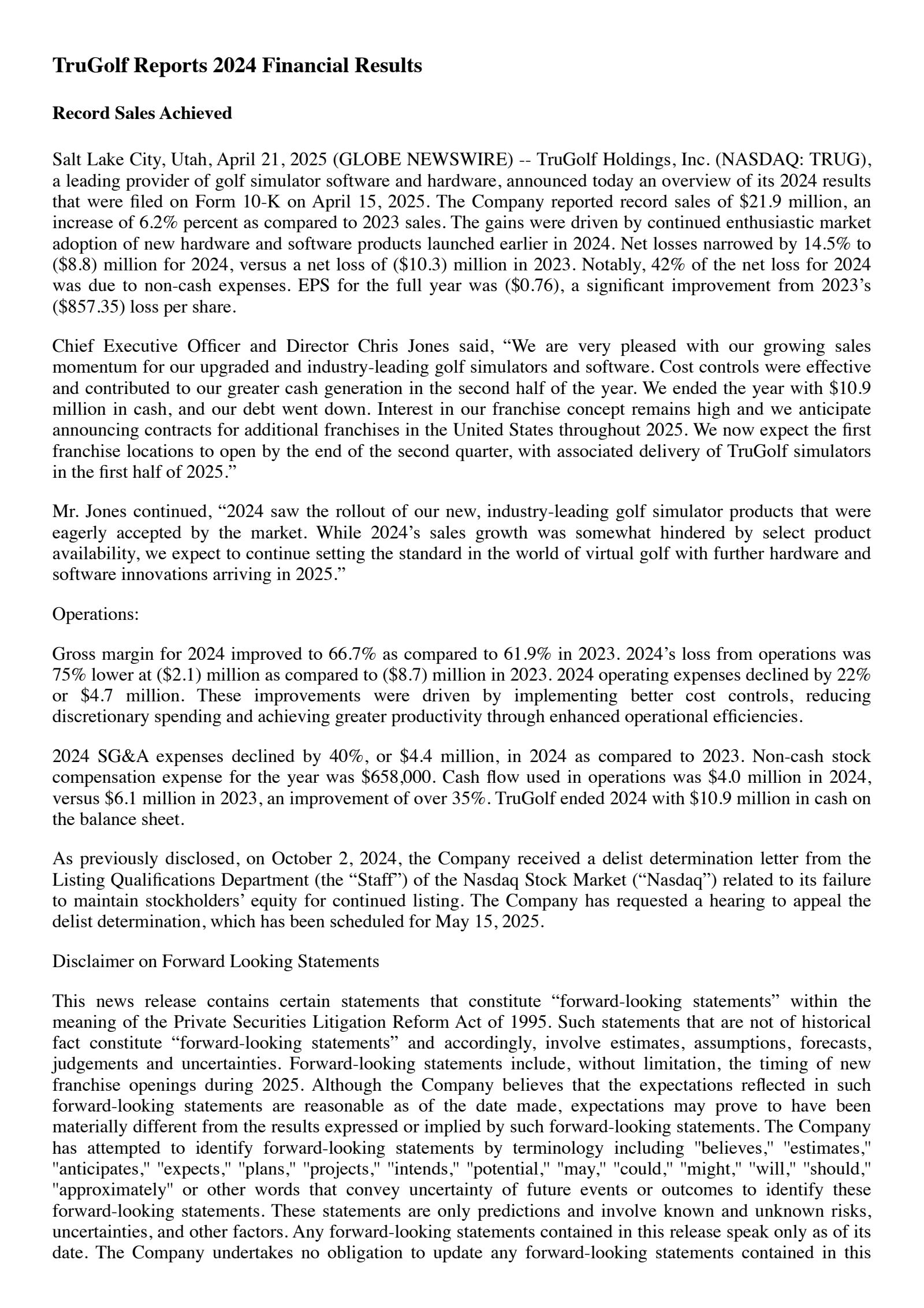 TruGolf's Q4 2024 Press Release