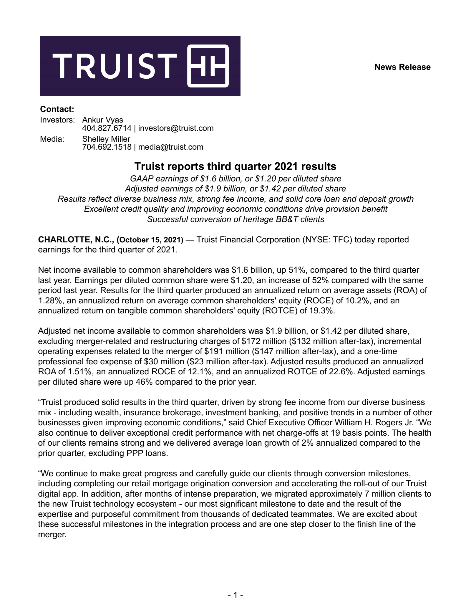 Truist Financial's Q3 2021 Earnings Release