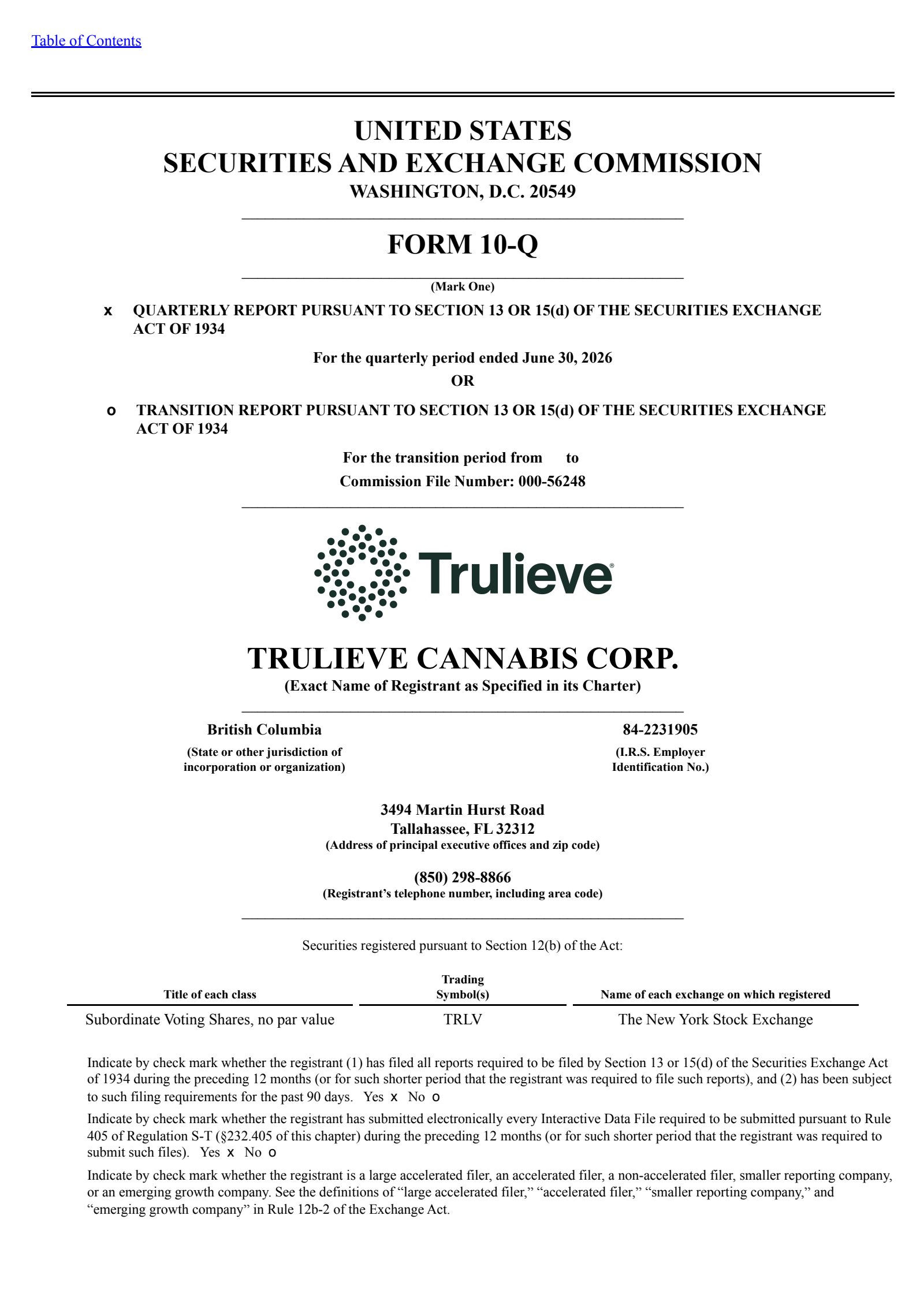 Trulieve Cannabis' Q2 2026 Quarterly report