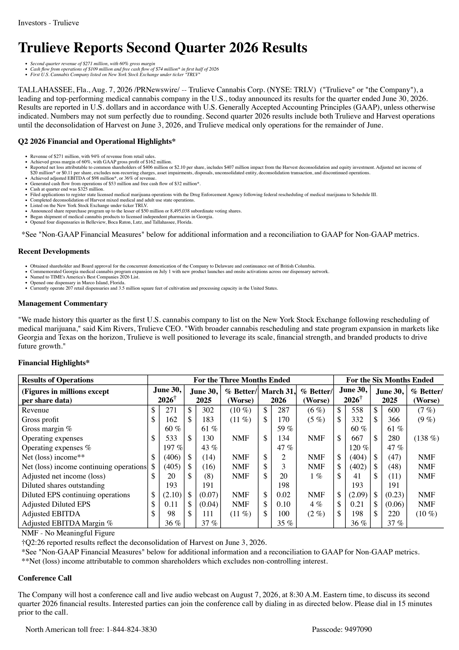 Trulieve Cannabis' Q2 2026 Press Release