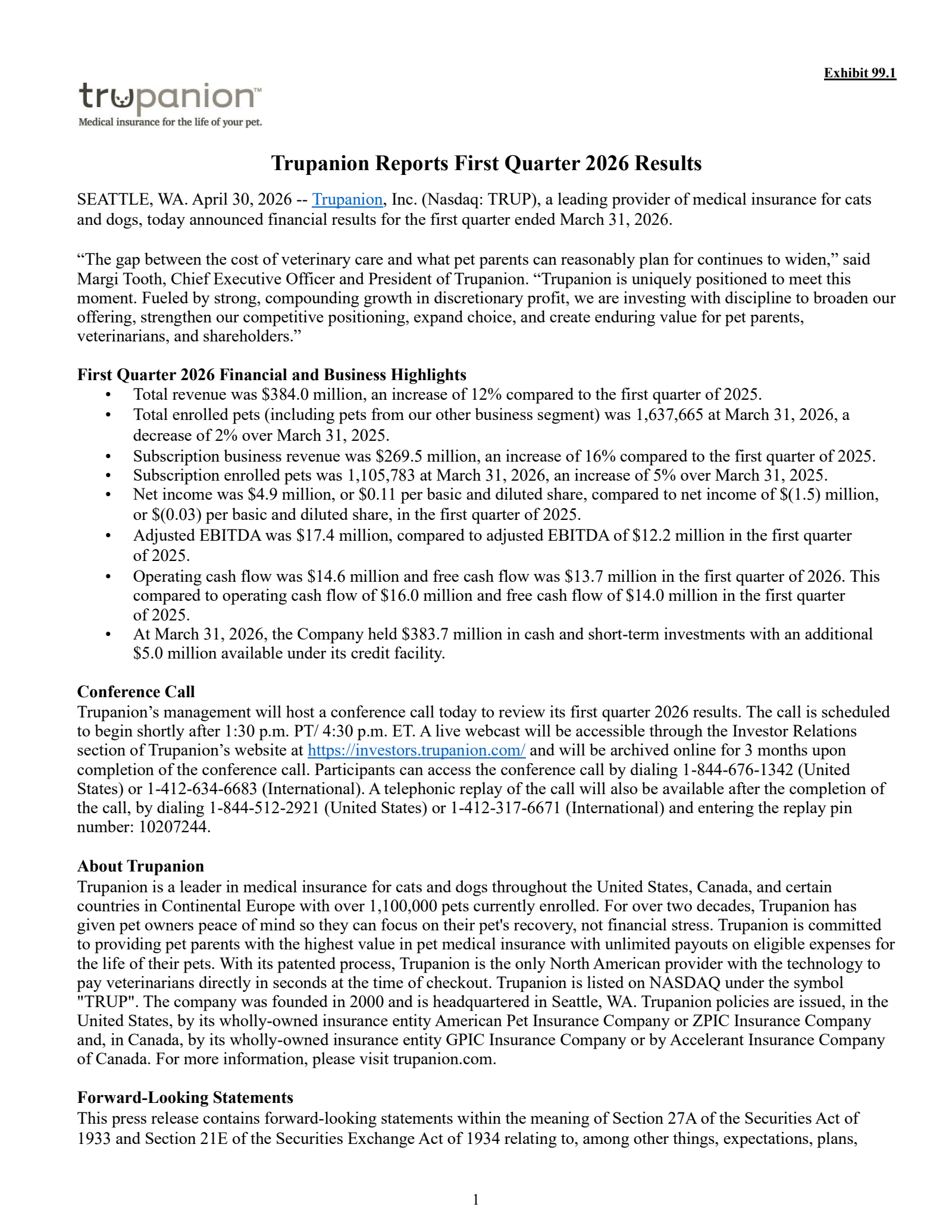 Trupanion's Q1 2026 Press Release