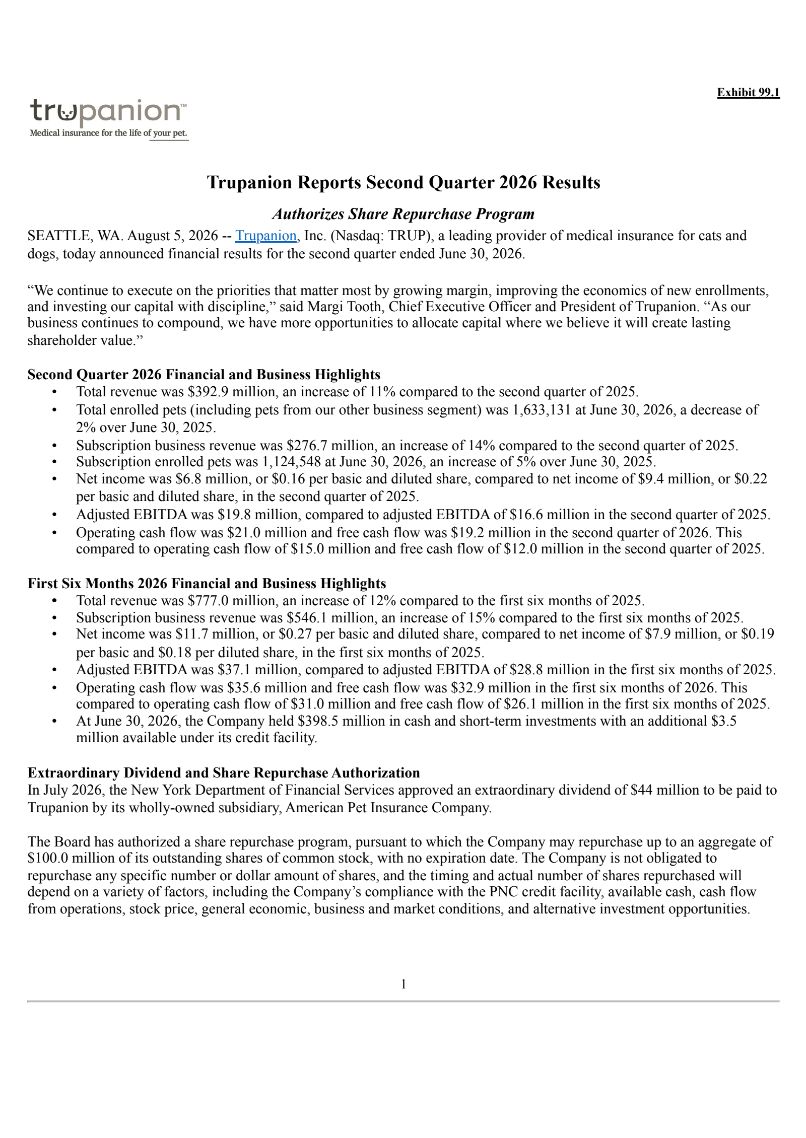 Trupanion's Q2 2026 Press Release