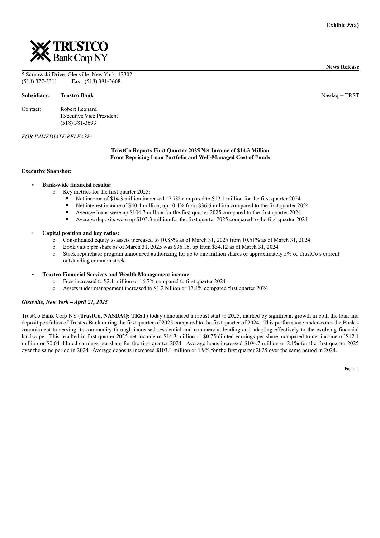 TrustCo Bank Corp NY's Q1 2025 Press Release