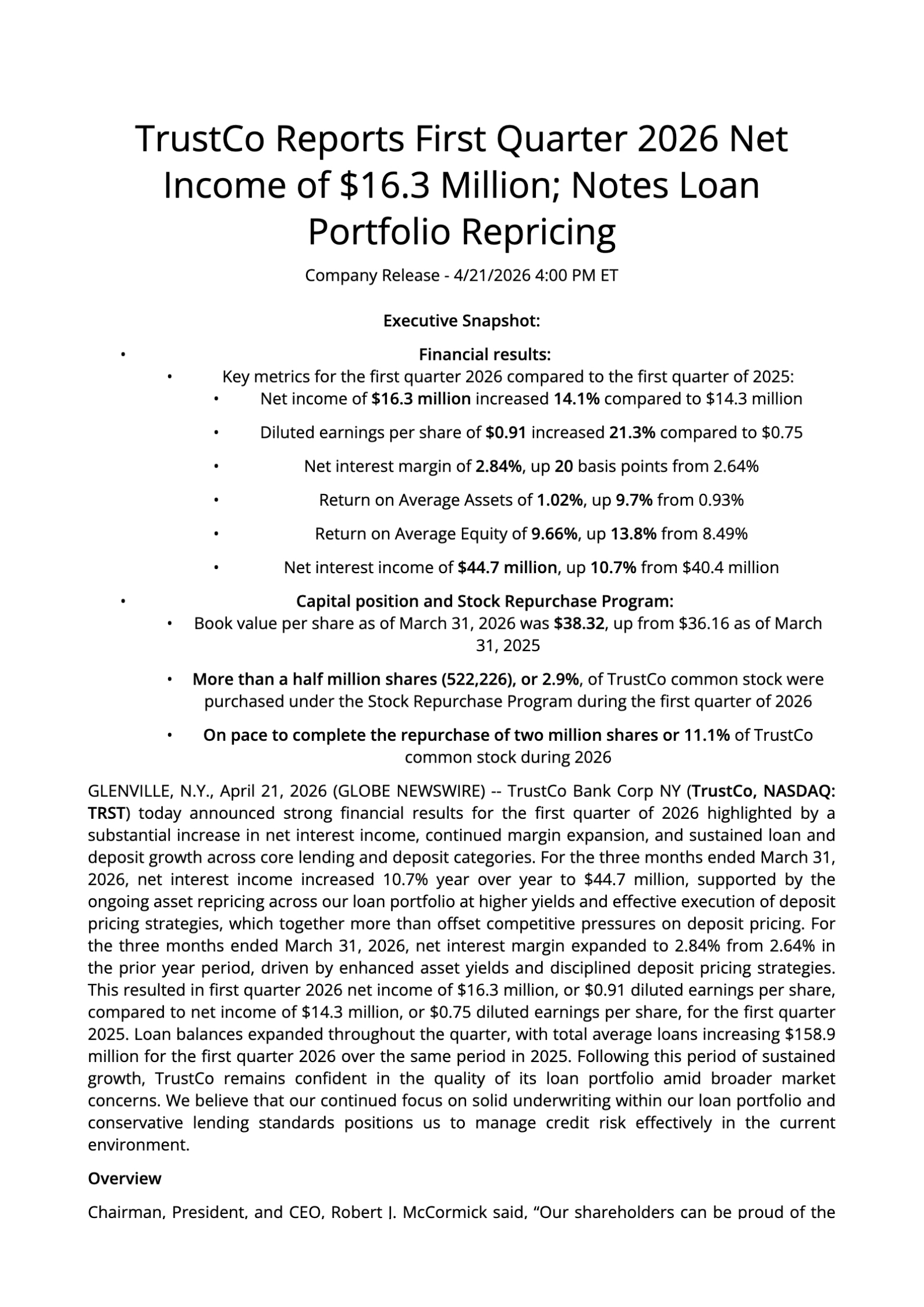 TrustCo Bank Corp NY's Q1 2026 Press Release
