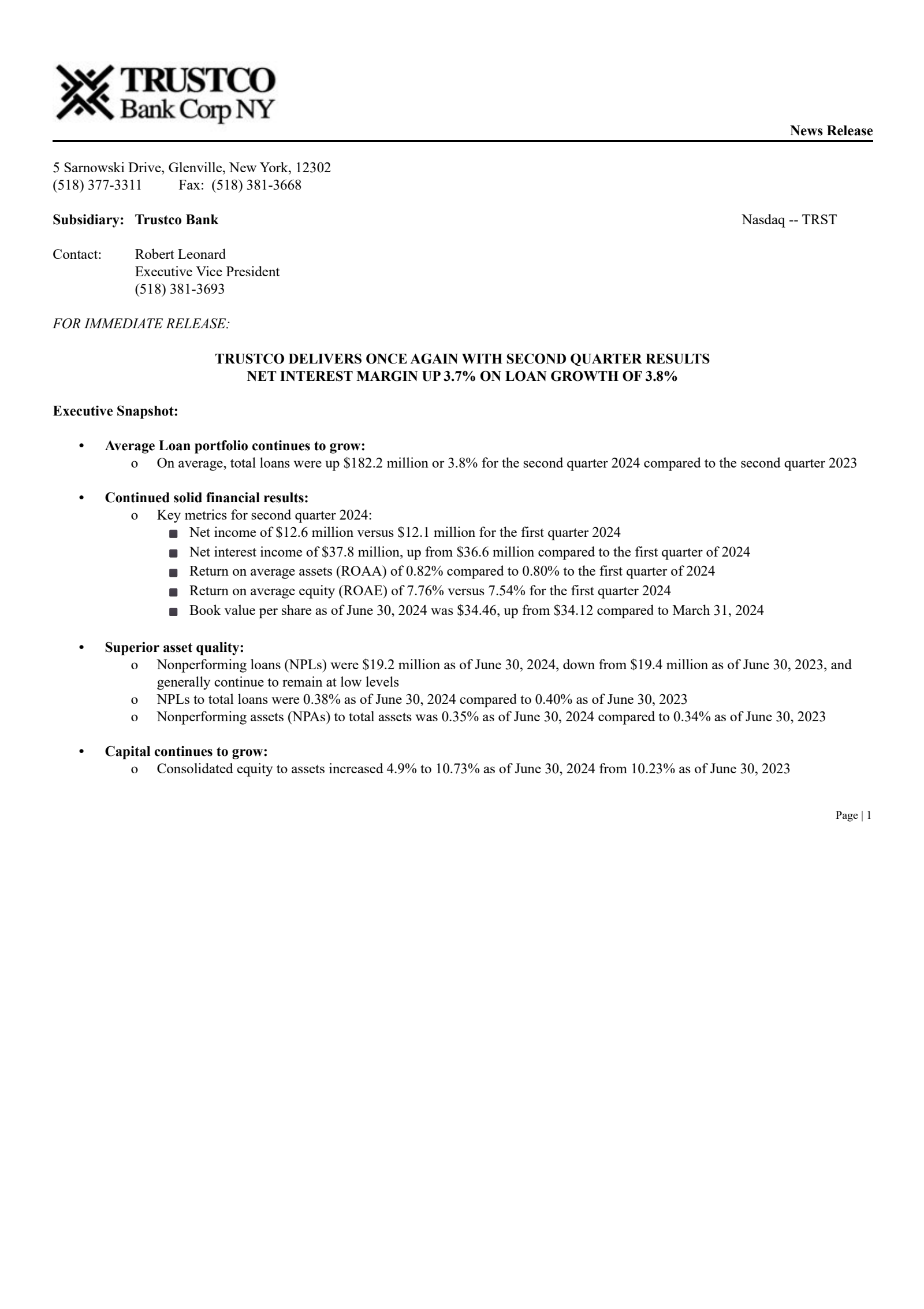 TrustCo Bank Corp NY's Q2 2024 Press Release