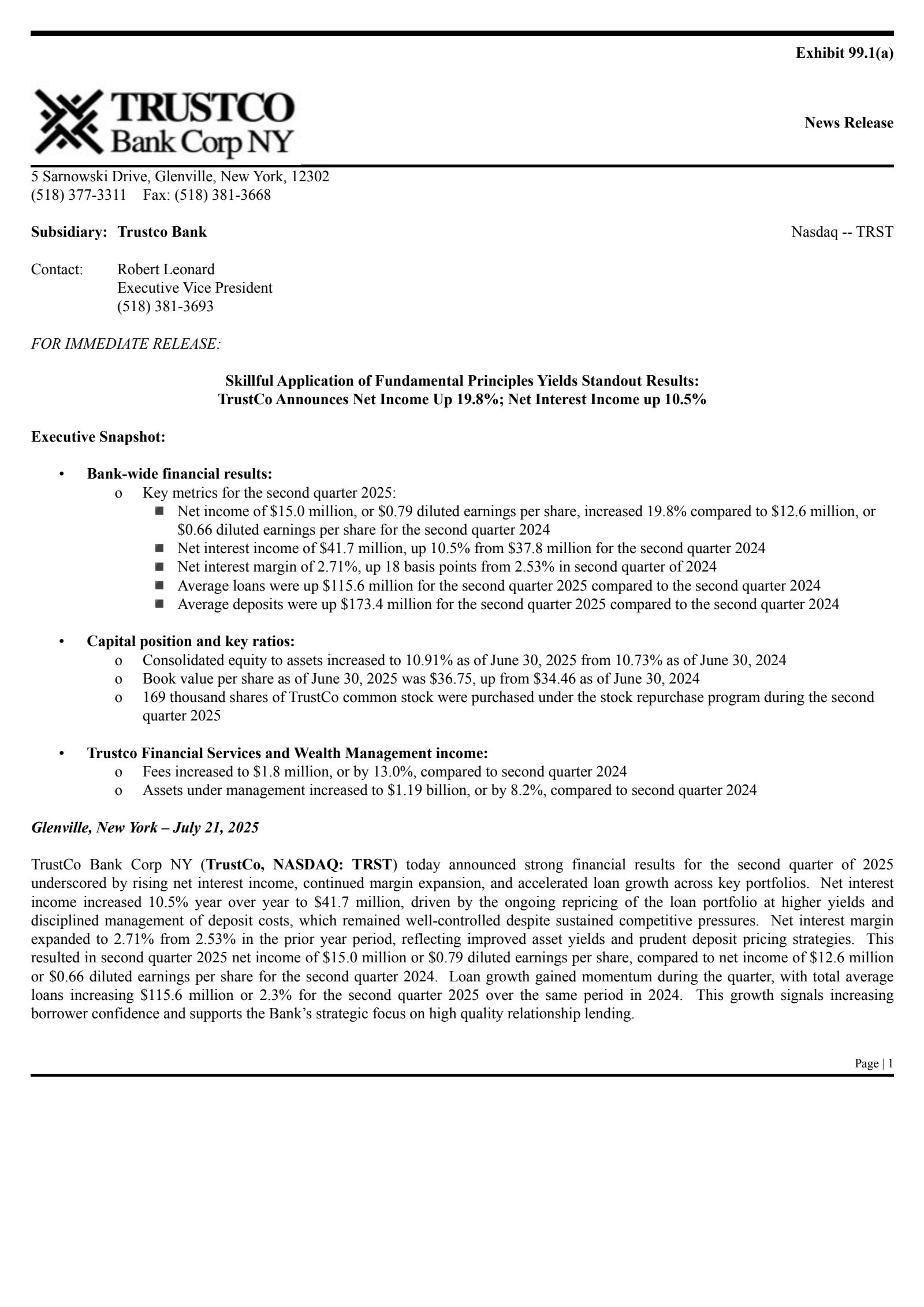 TrustCo Bank Corp NY's Q2 2025 Press Release