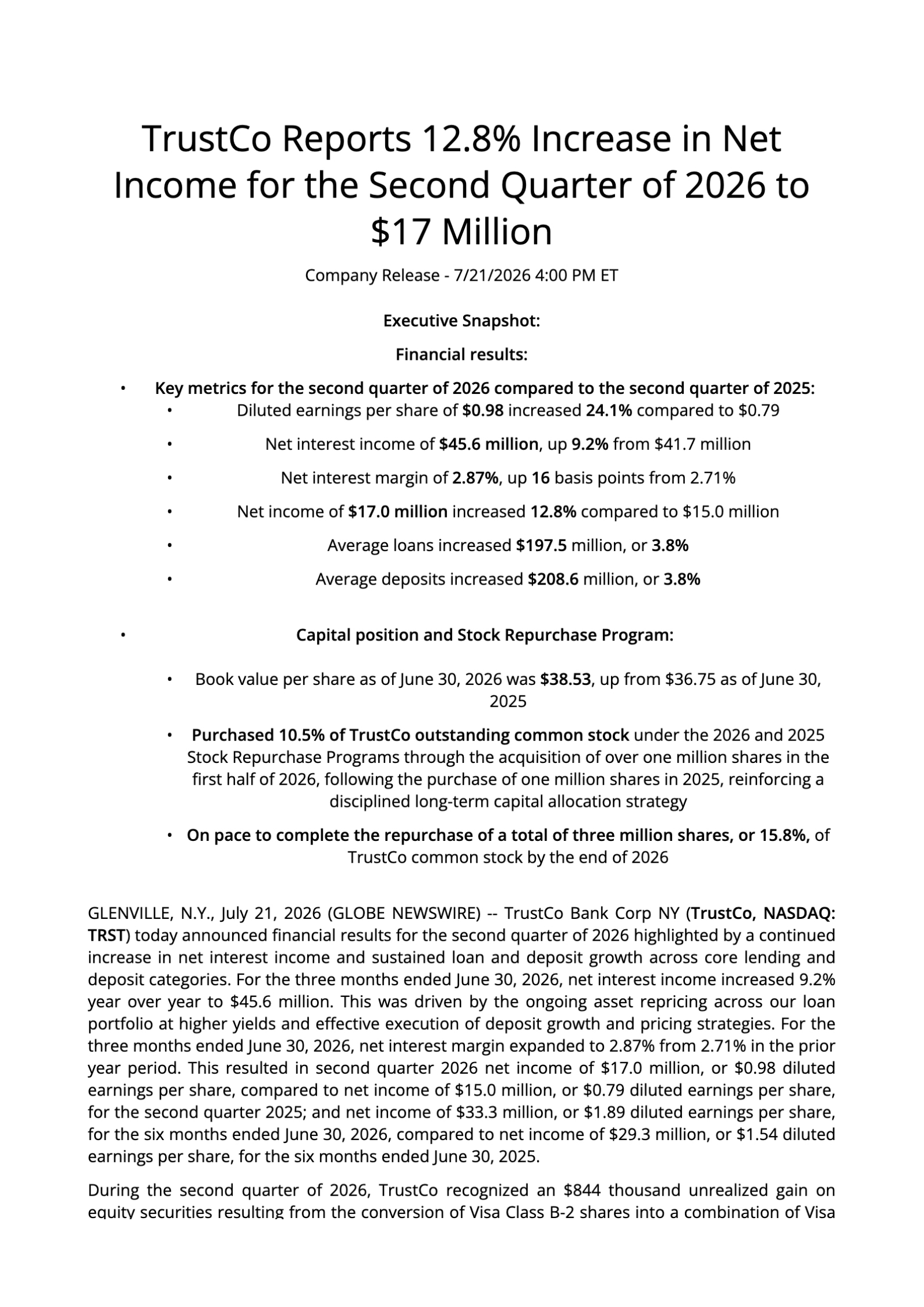 TrustCo Bank Corp NY's Q2 2026 Press Release