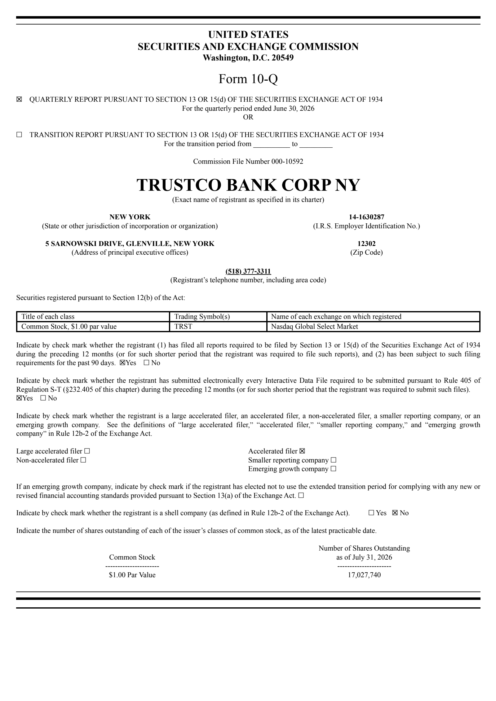 TrustCo Bank Corp NY's Q2 2026 Quarterly report