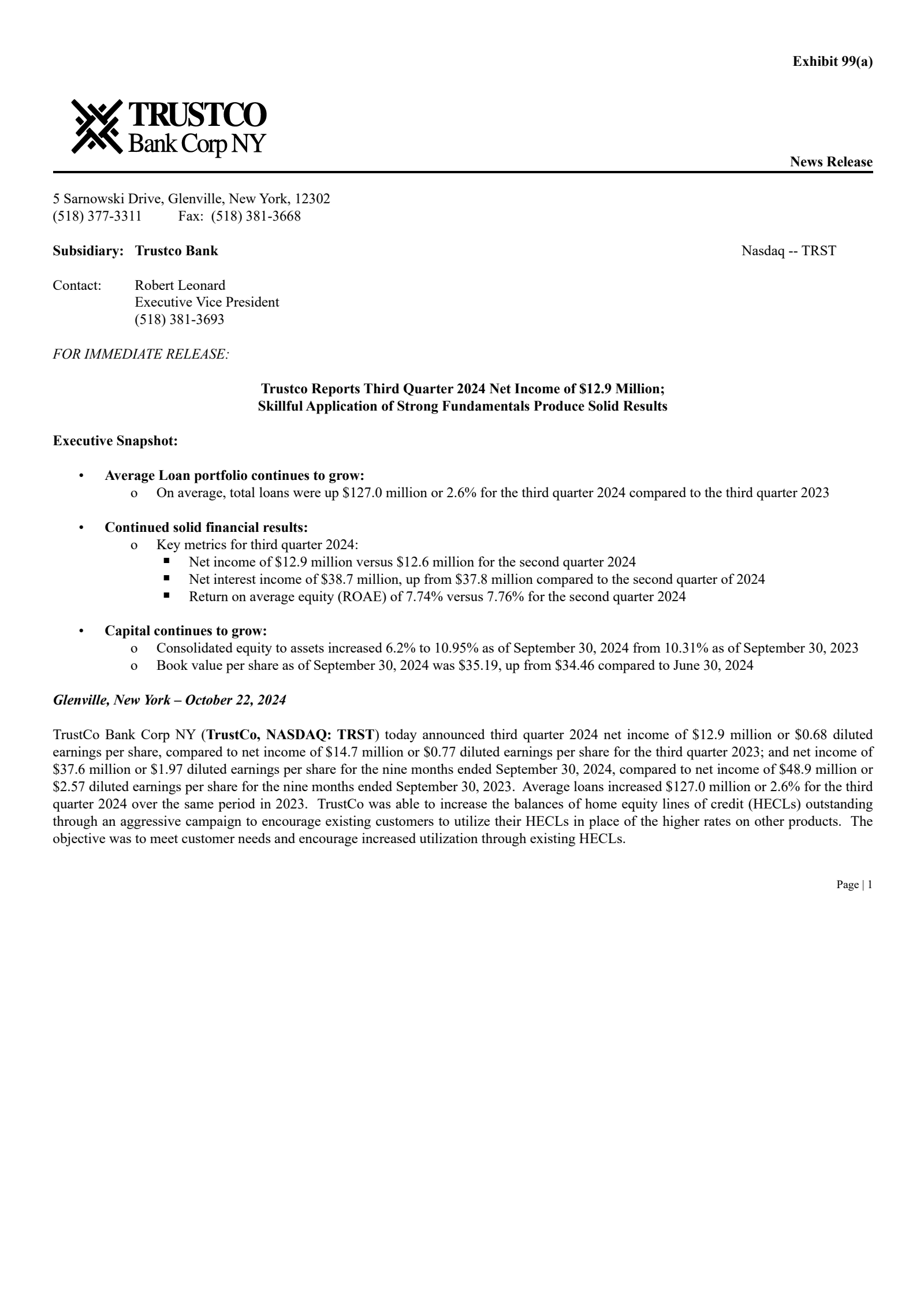 TrustCo Bank Corp NY's Q3 2024 Press Release