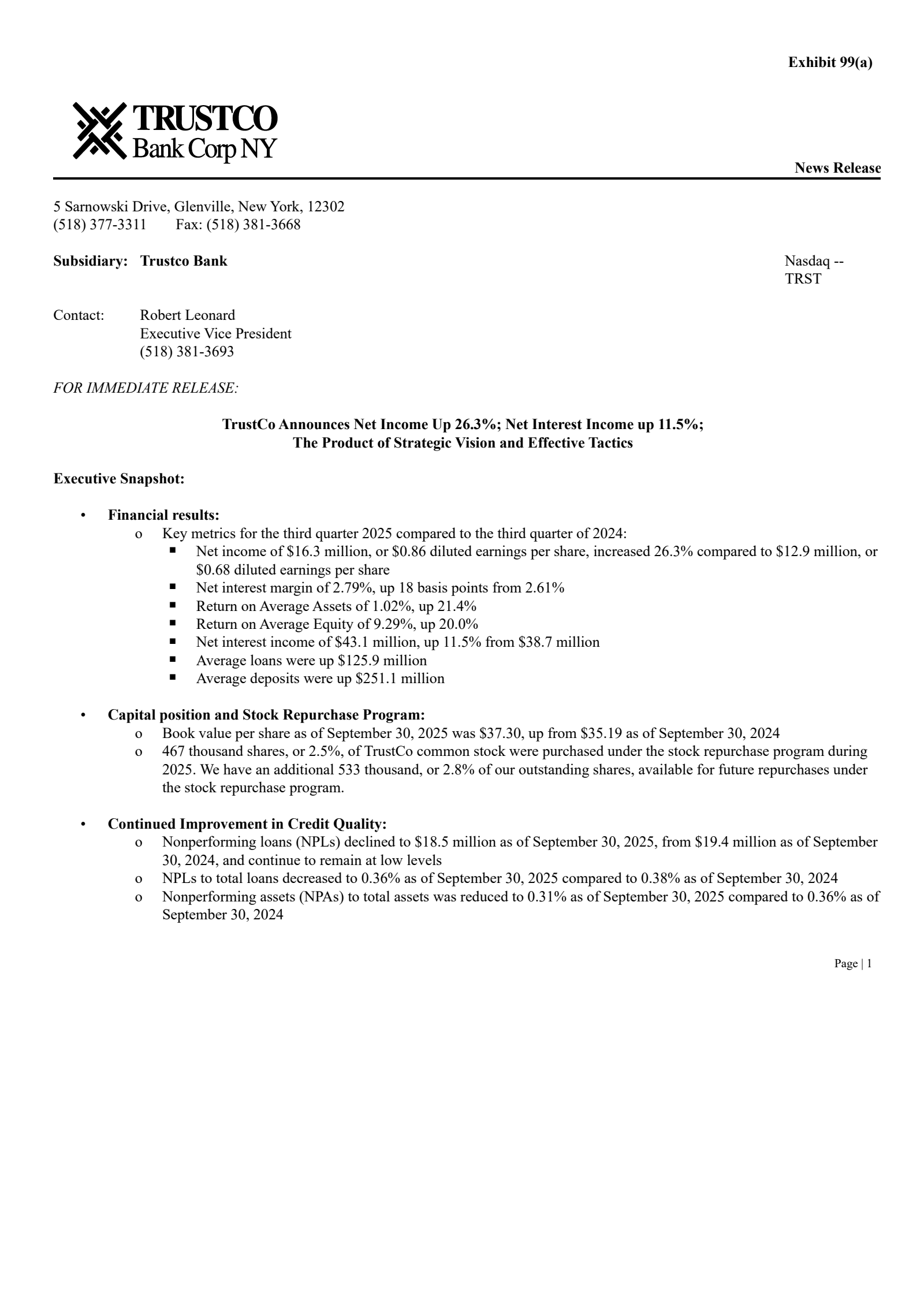 TrustCo Bank Corp NY's Q3 2025 Press Release
