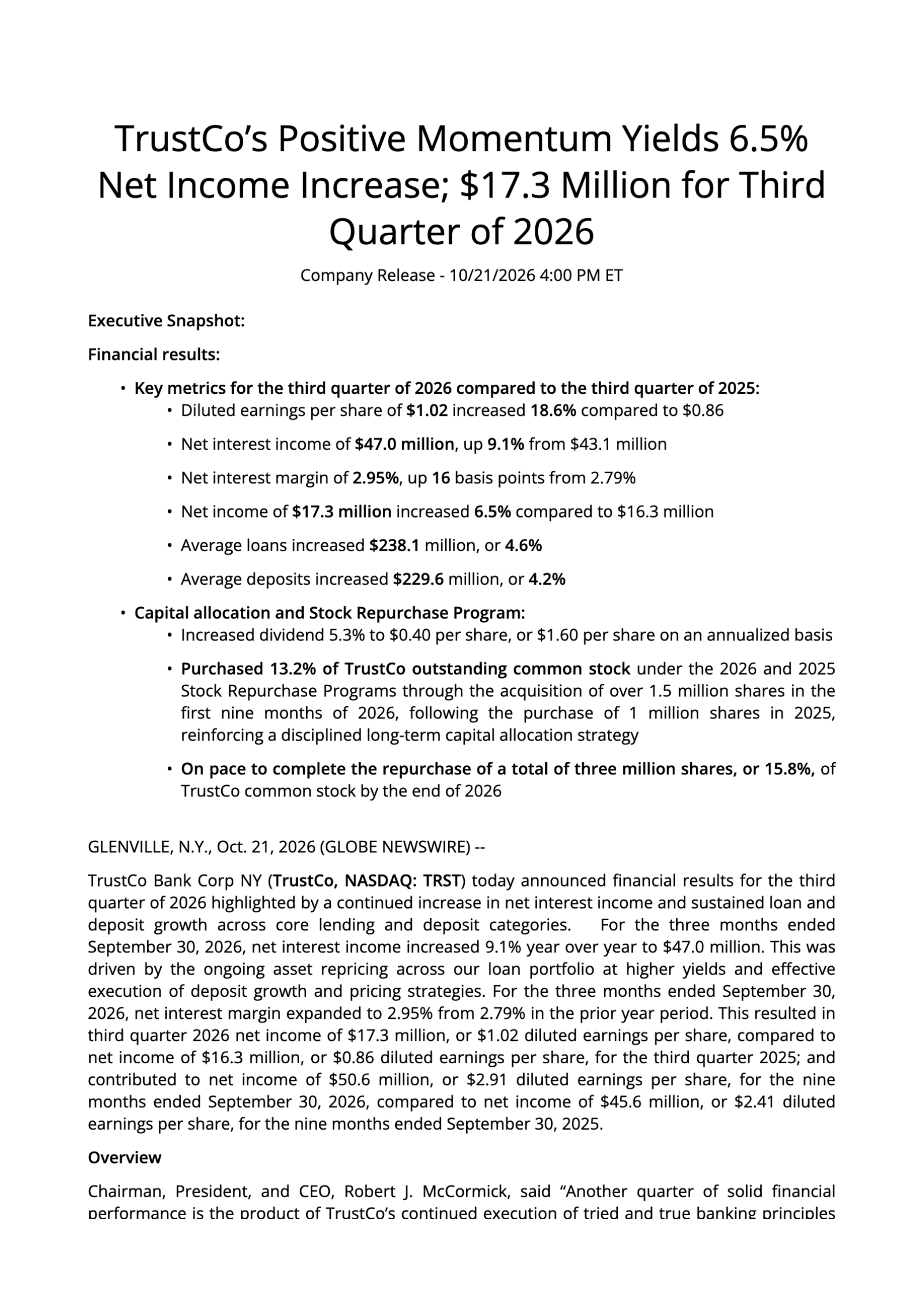 TrustCo Bank Corp NY's Q3 2026 Press Release