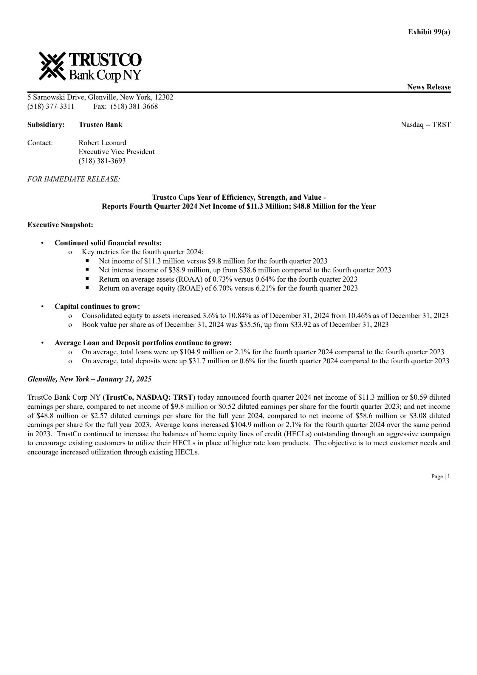 TrustCo Bank Corp NY's Q4 2024 Press Release