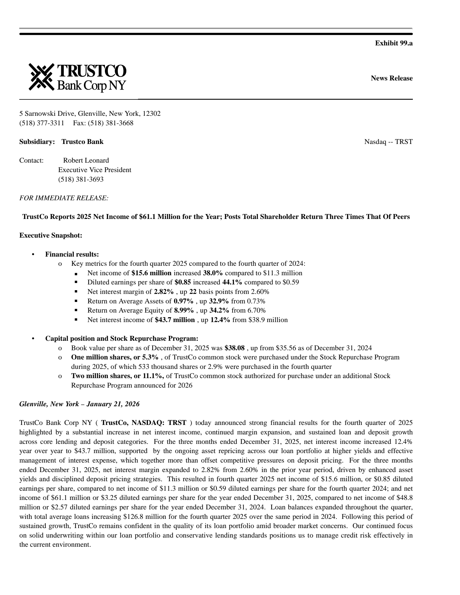 TrustCo Bank Corp NY's Q4 2025 Press Release