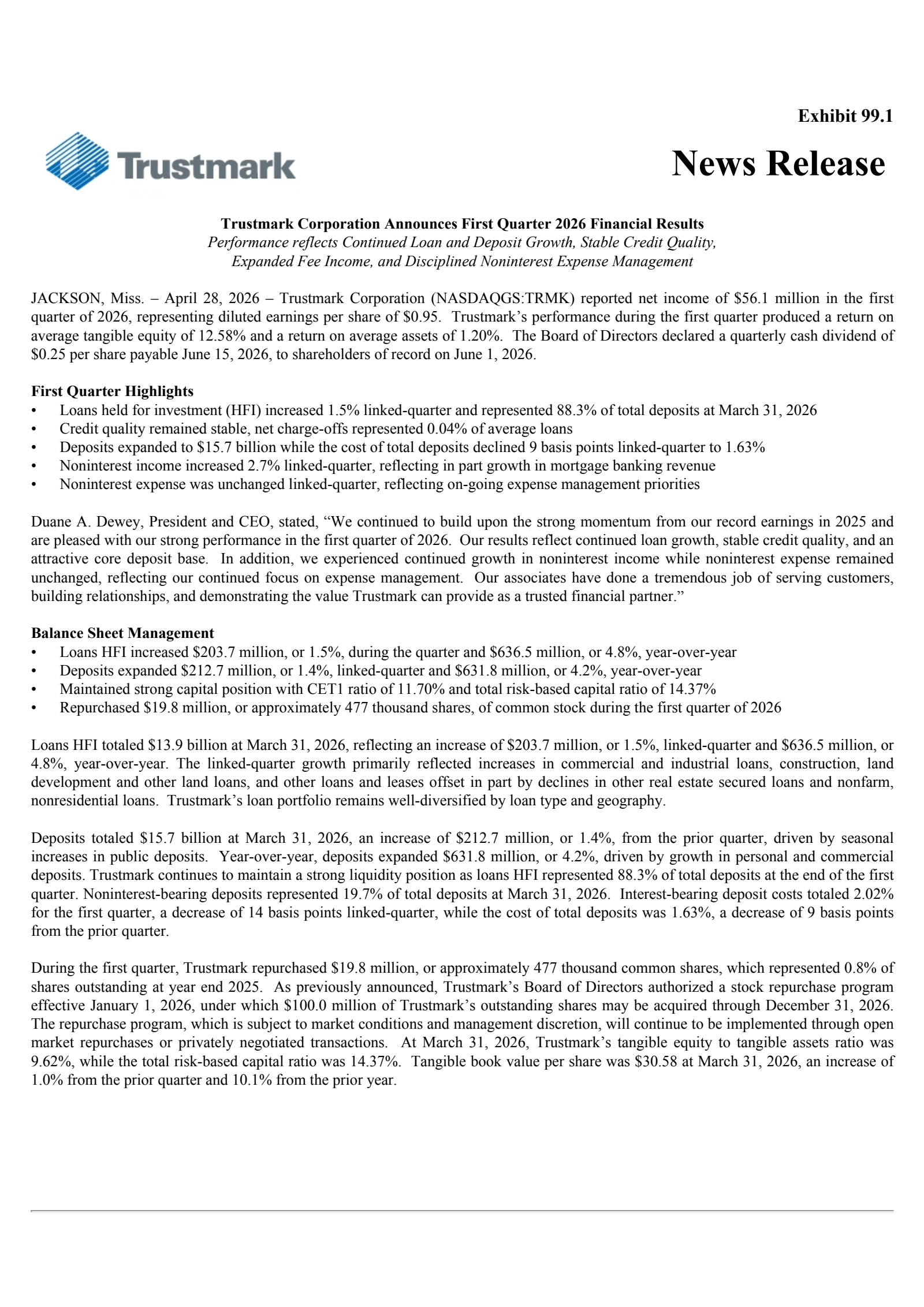 Trustmark's Q1 2026 Press Release