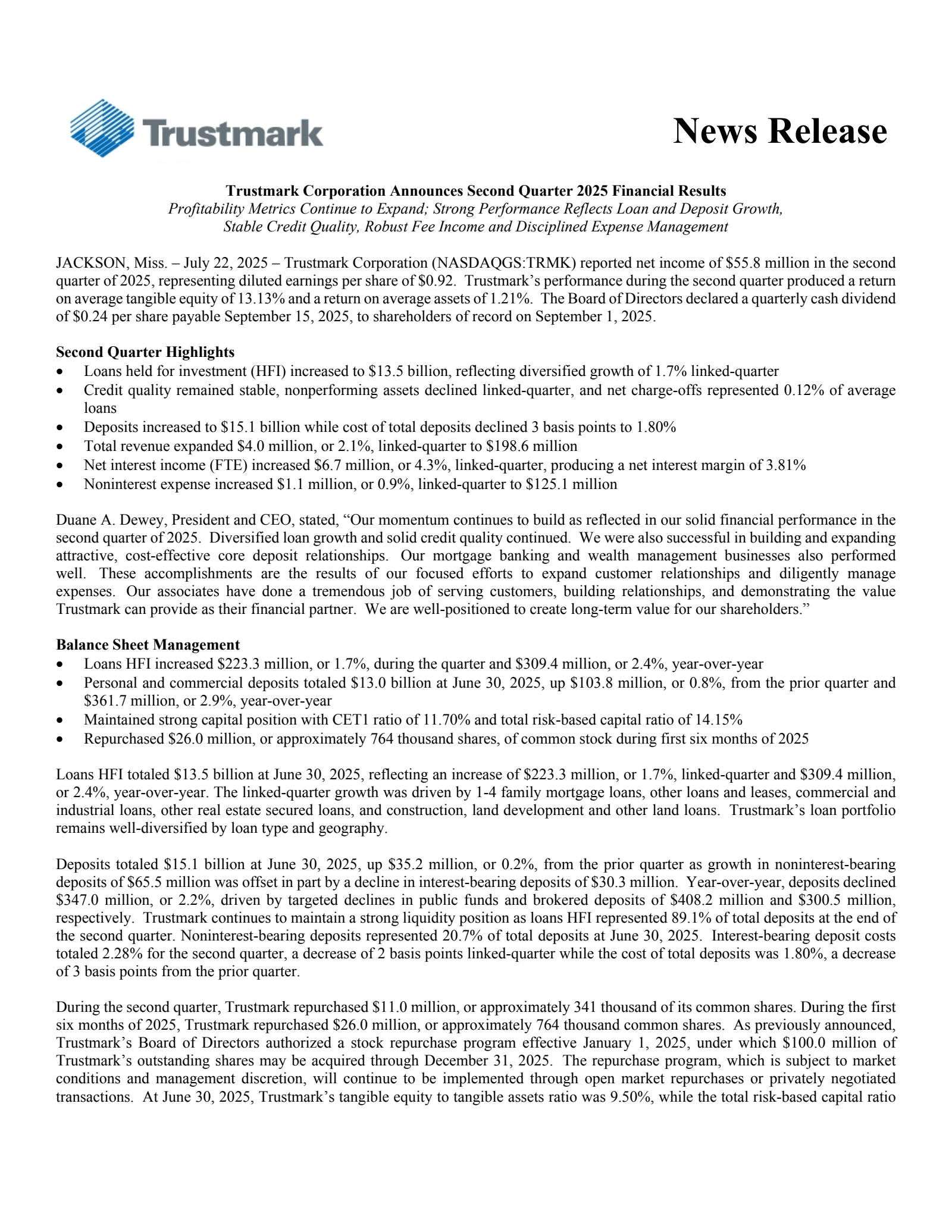 Trustmark's Q2 2025 Press Release