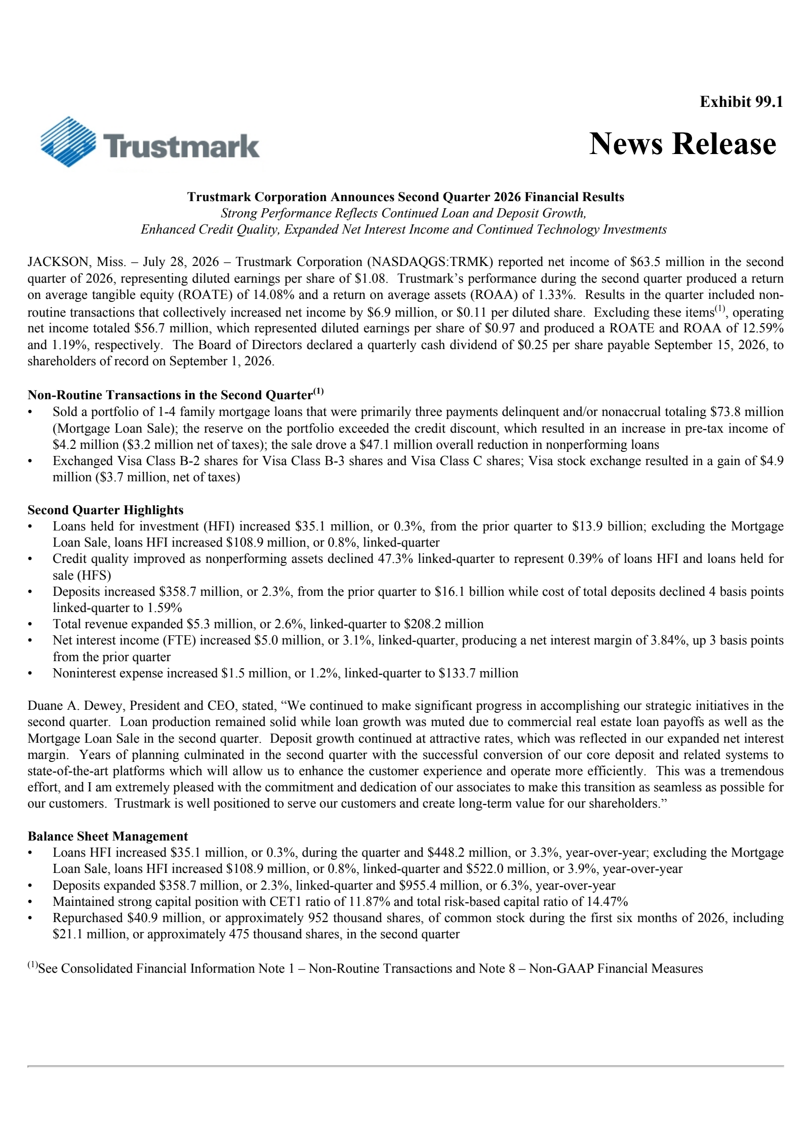 Trustmark's Q2 2026 Press Release