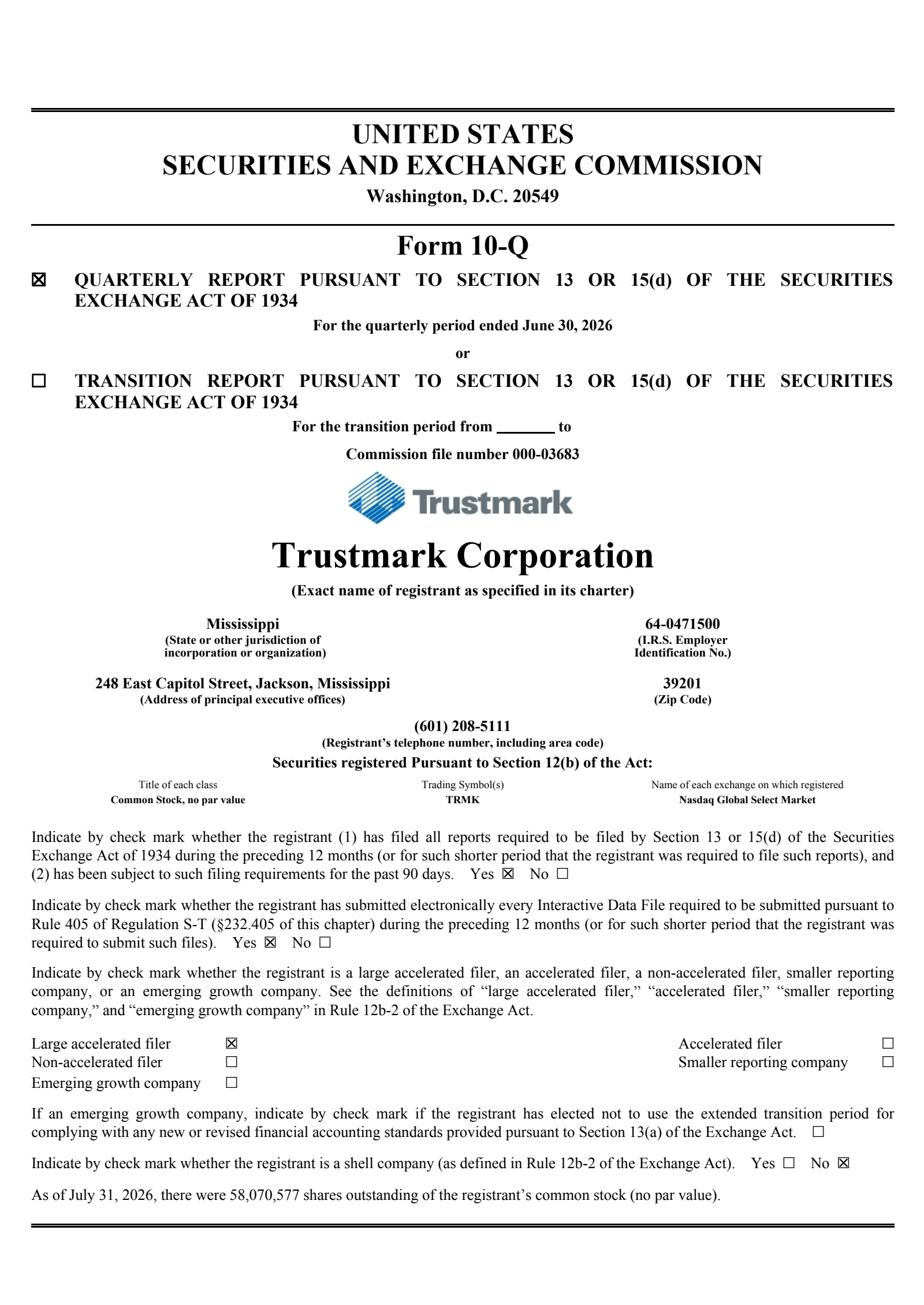 Trustmark's Q2 2026 Quarterly report