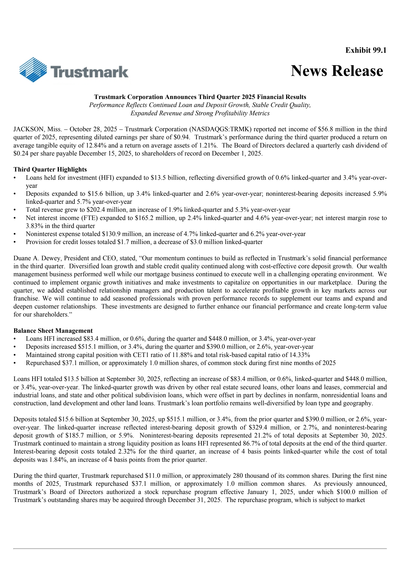 Trustmark's Q3 2025 Earnings Release