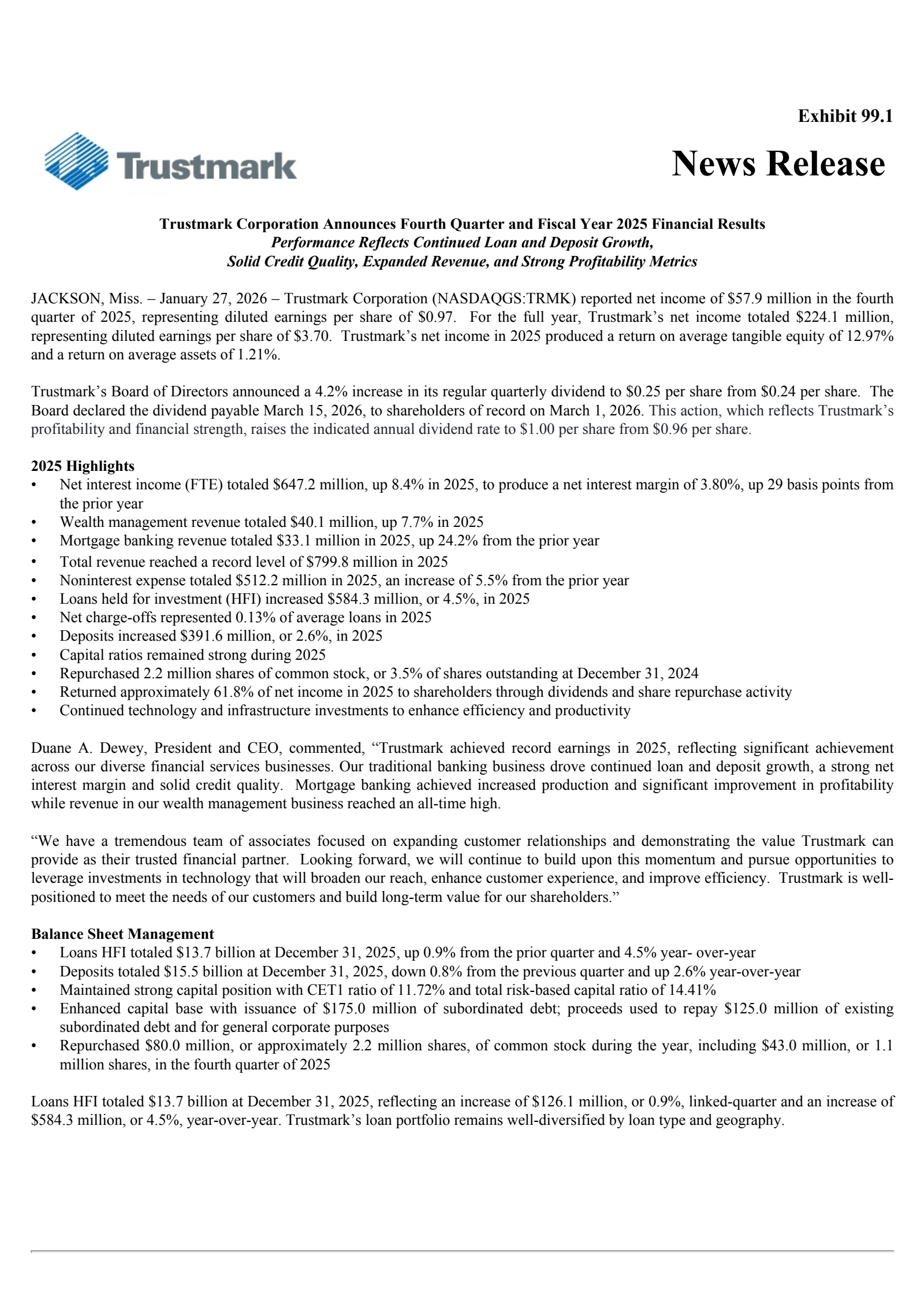 Trustmark's Q4 2025 Press Release