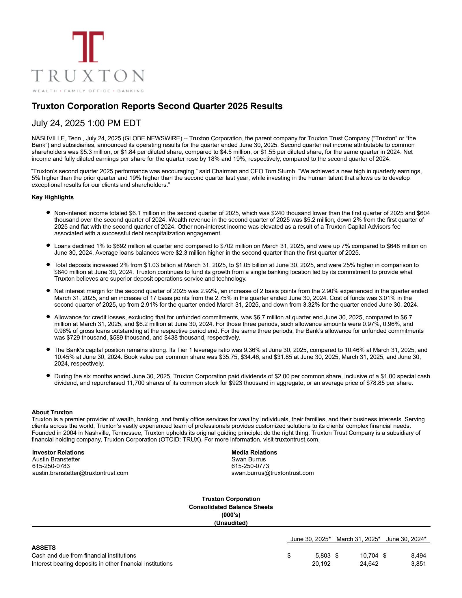 Truxton's Q2 2025 Press Release