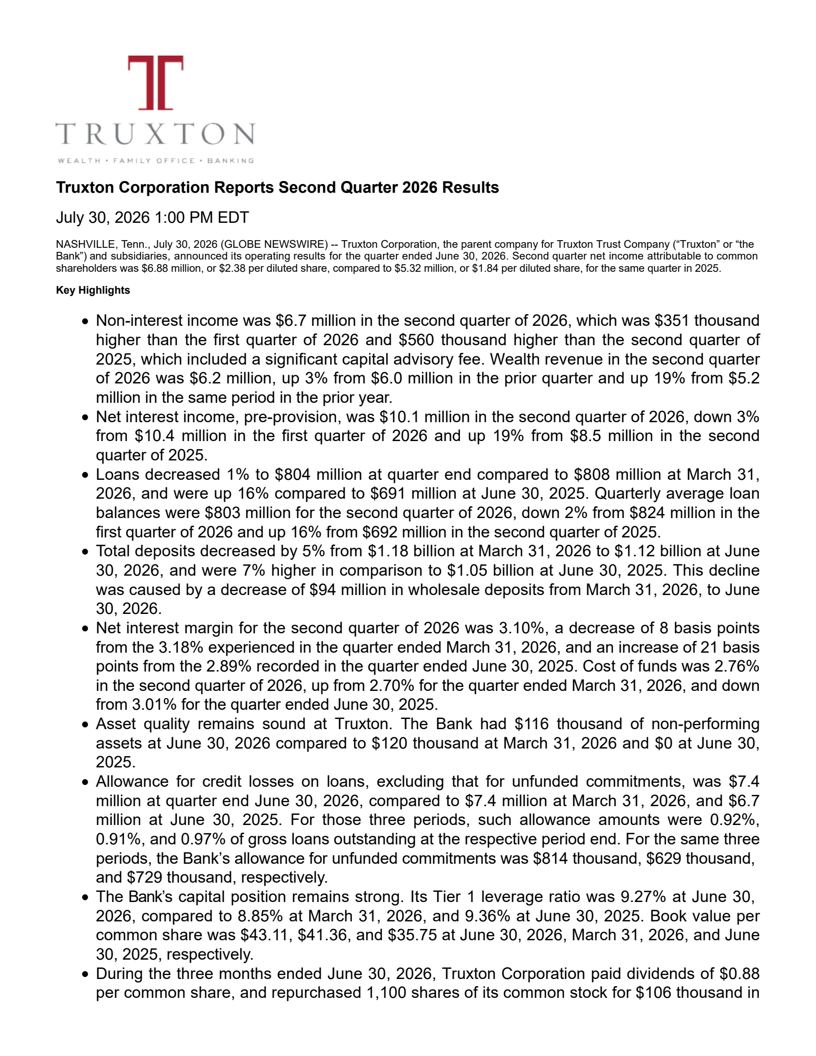 Truxton's Q2 2026 Press Release