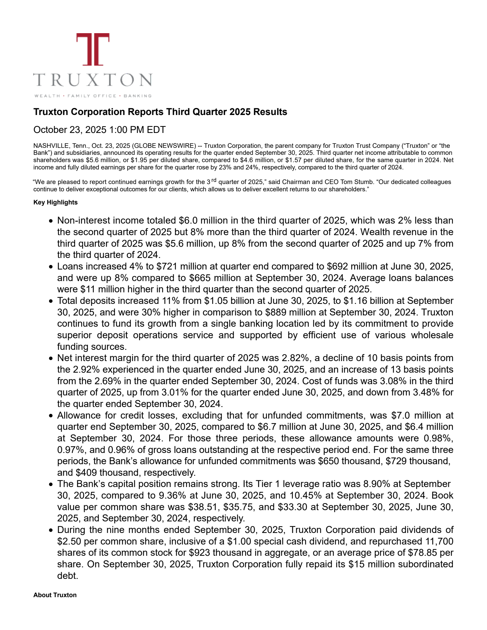 Truxton's Q3 2025 Earnings Release