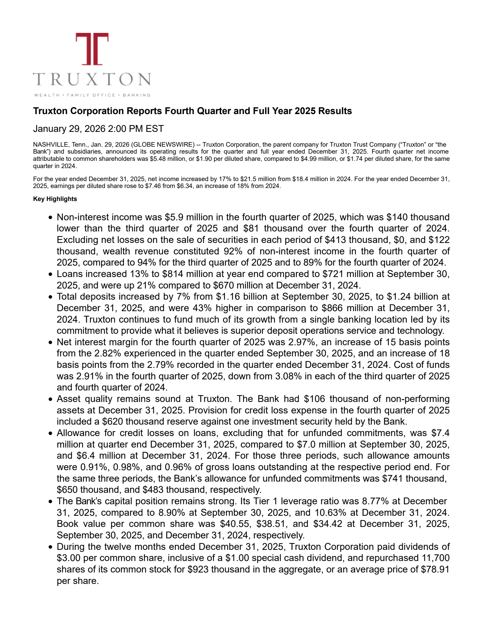 Truxton's Q4 2025 Press Release