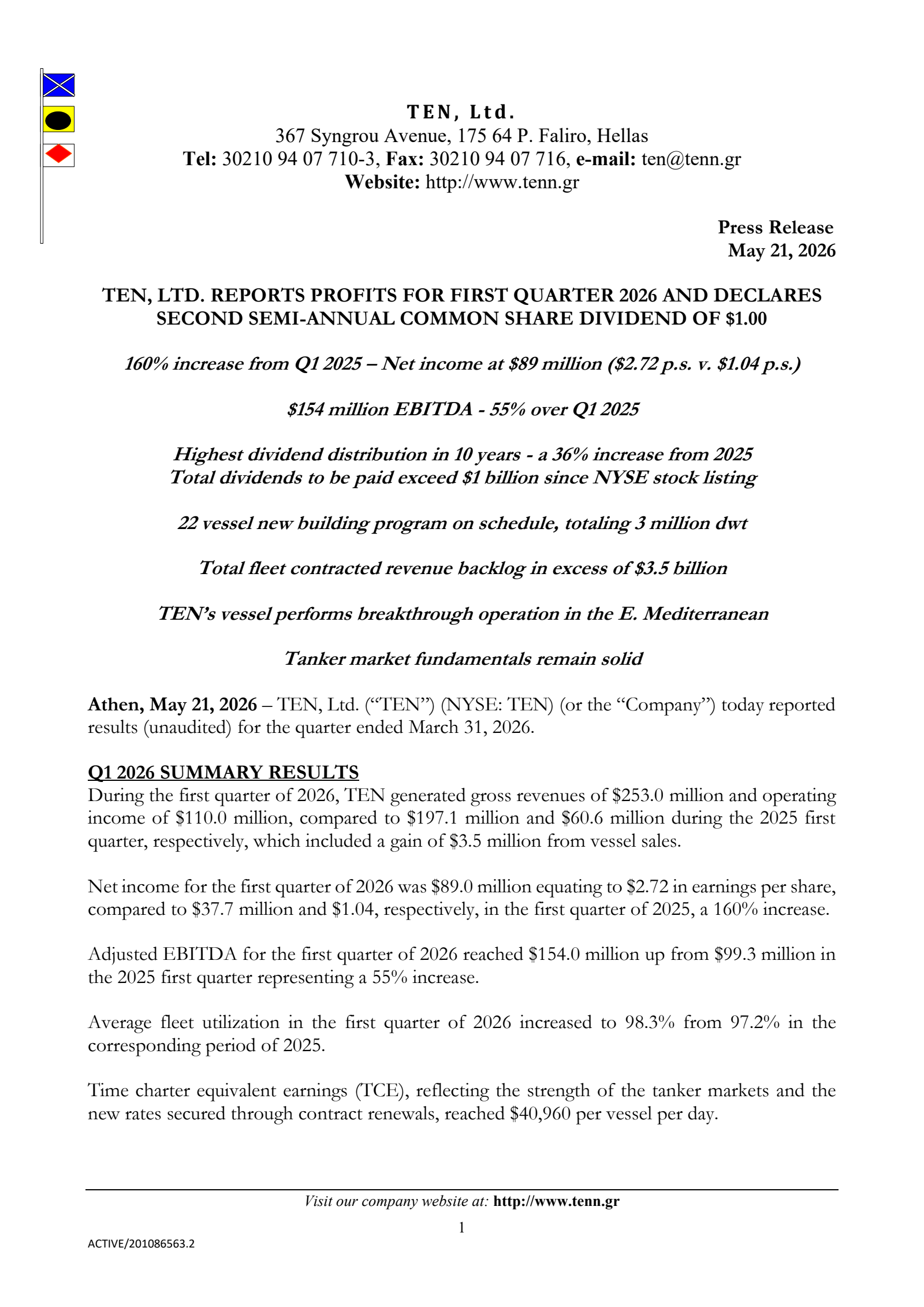 Tsakos Energy Navigation's Q1 2026 Press Release