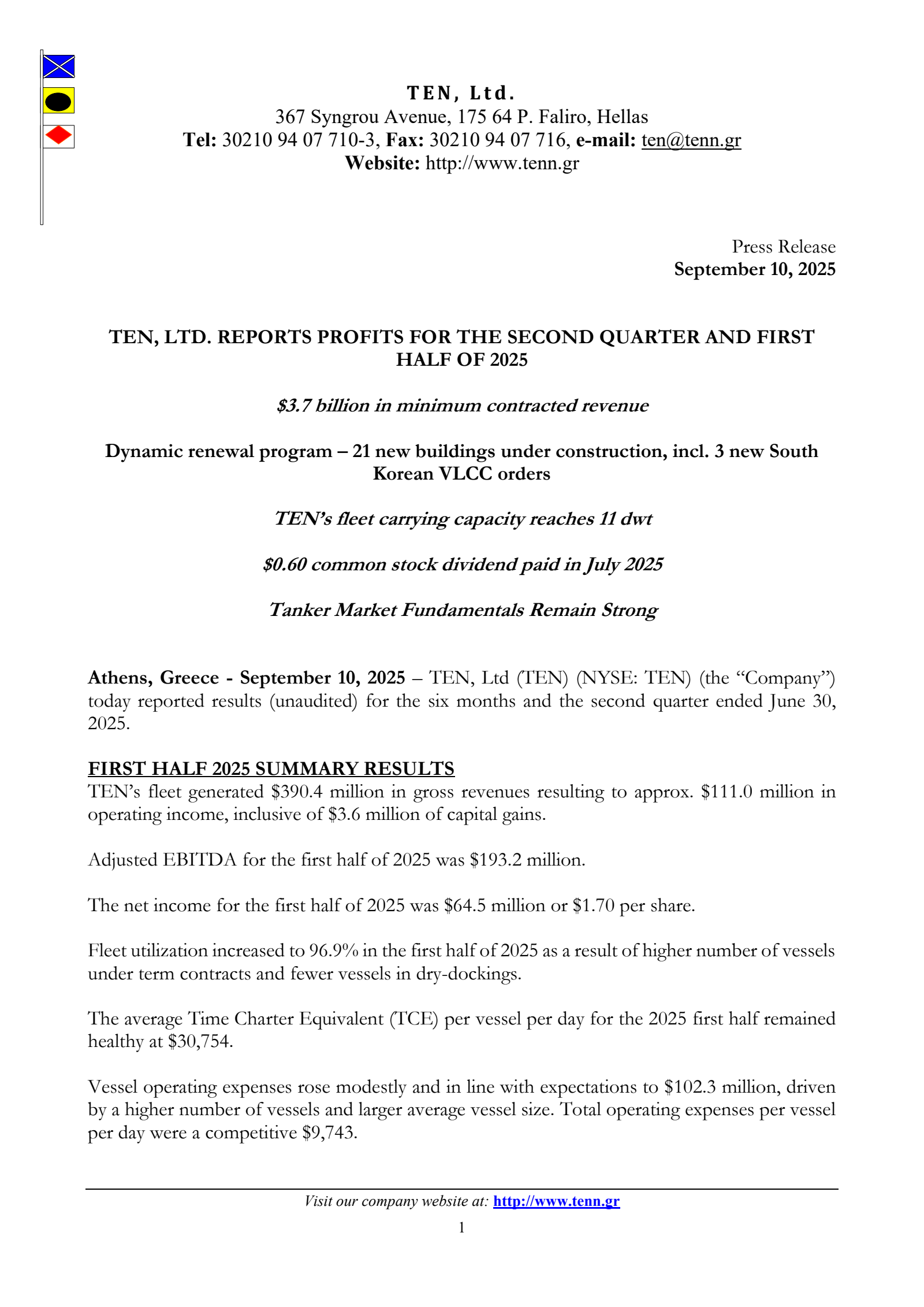 Tsakos Energy Navigation's Q2 2025 Earnings Release