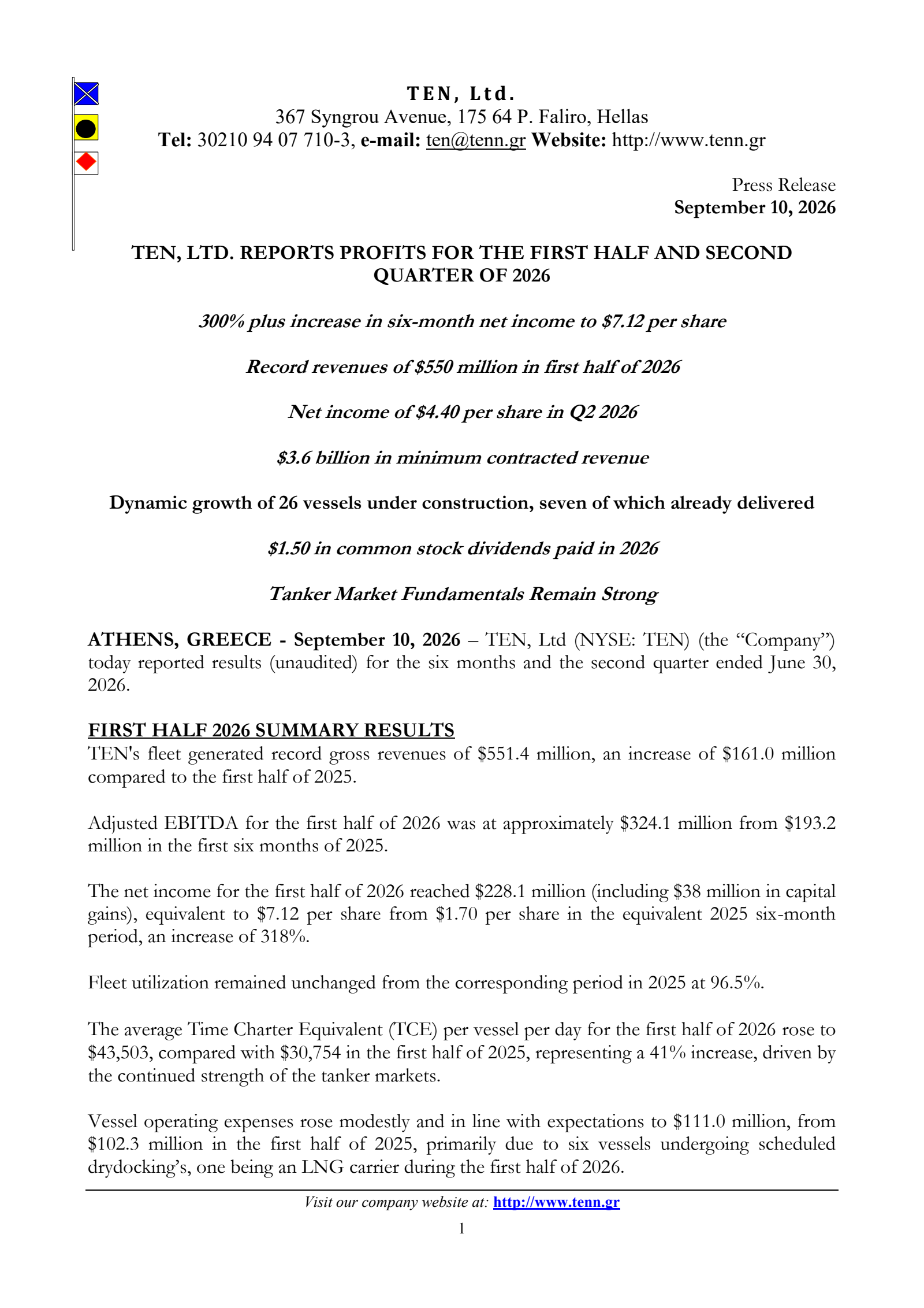 Tsakos Energy Navigation's Q2 2026 Press Release