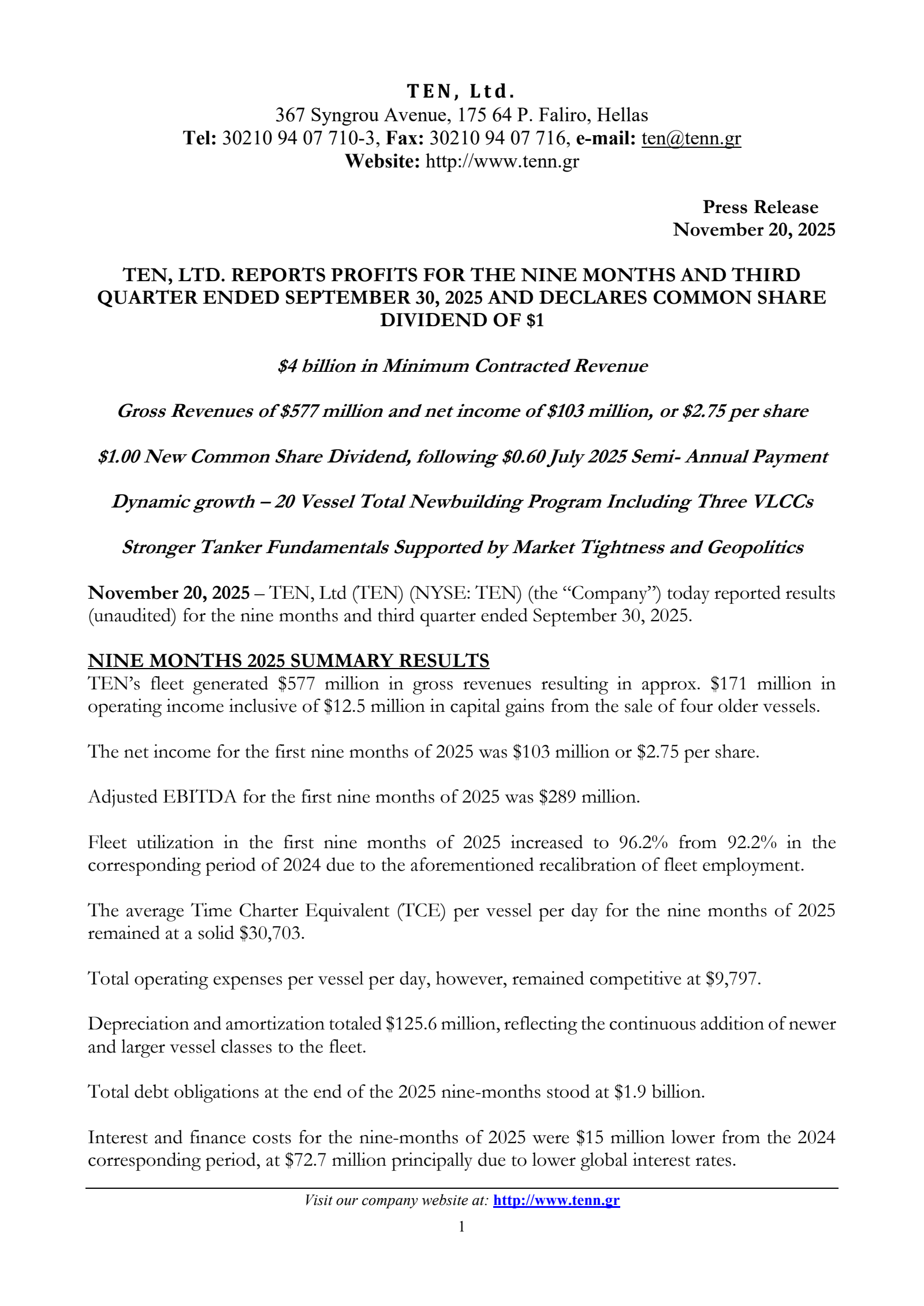 Tsakos Energy Navigation's Q3 2025 Earnings Release