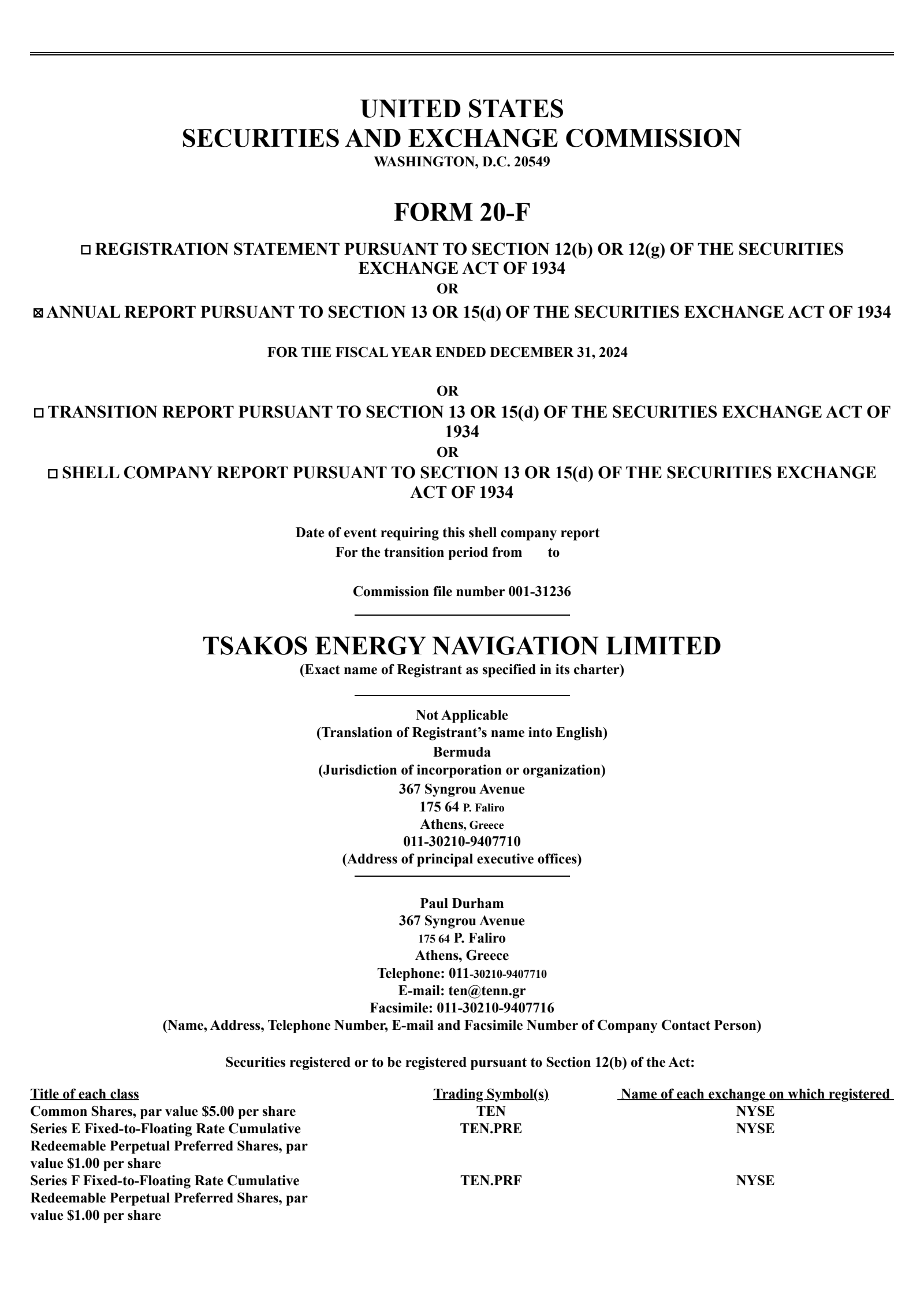 Tsakos Energy Navigation's Q4 2024 Annual report