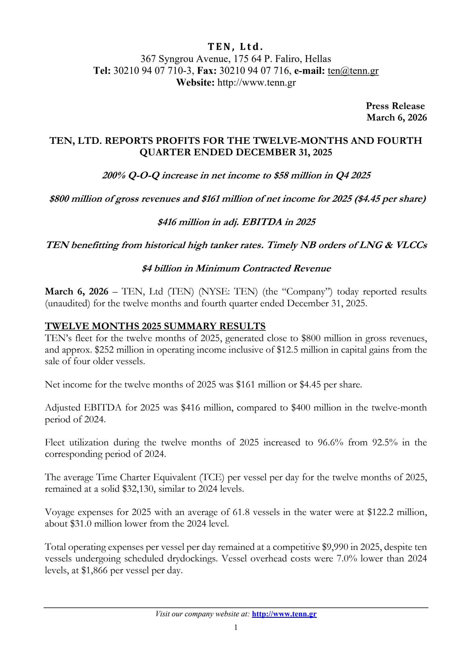 Tsakos Energy Navigation's Q4 2025 Press Release