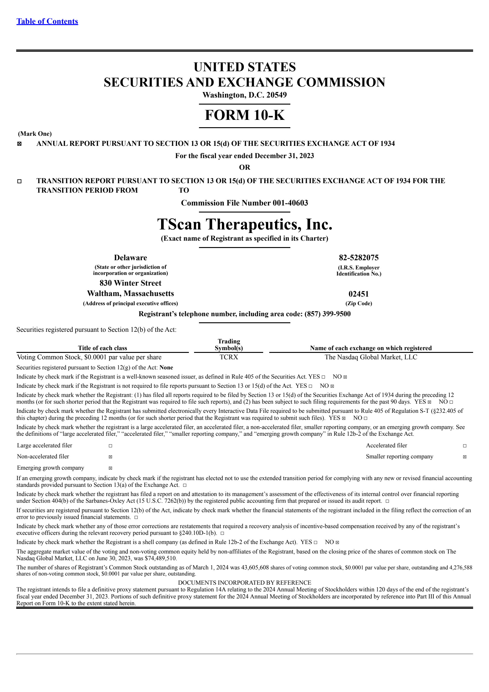 TScan Therapeutics' Q4 2023 Annual report