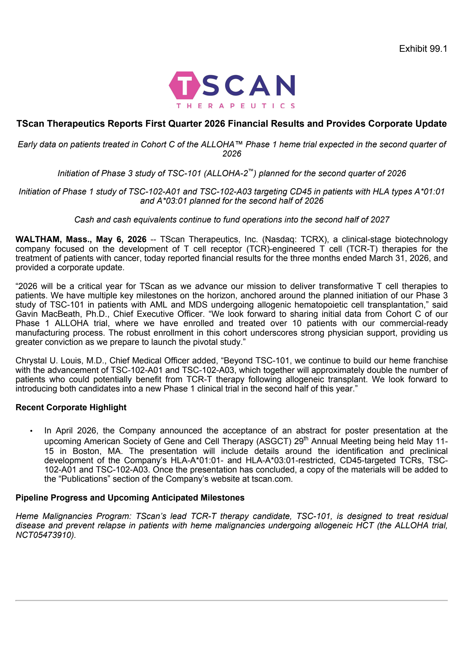 TScan Therapeutics' Q1 2026 Press Release