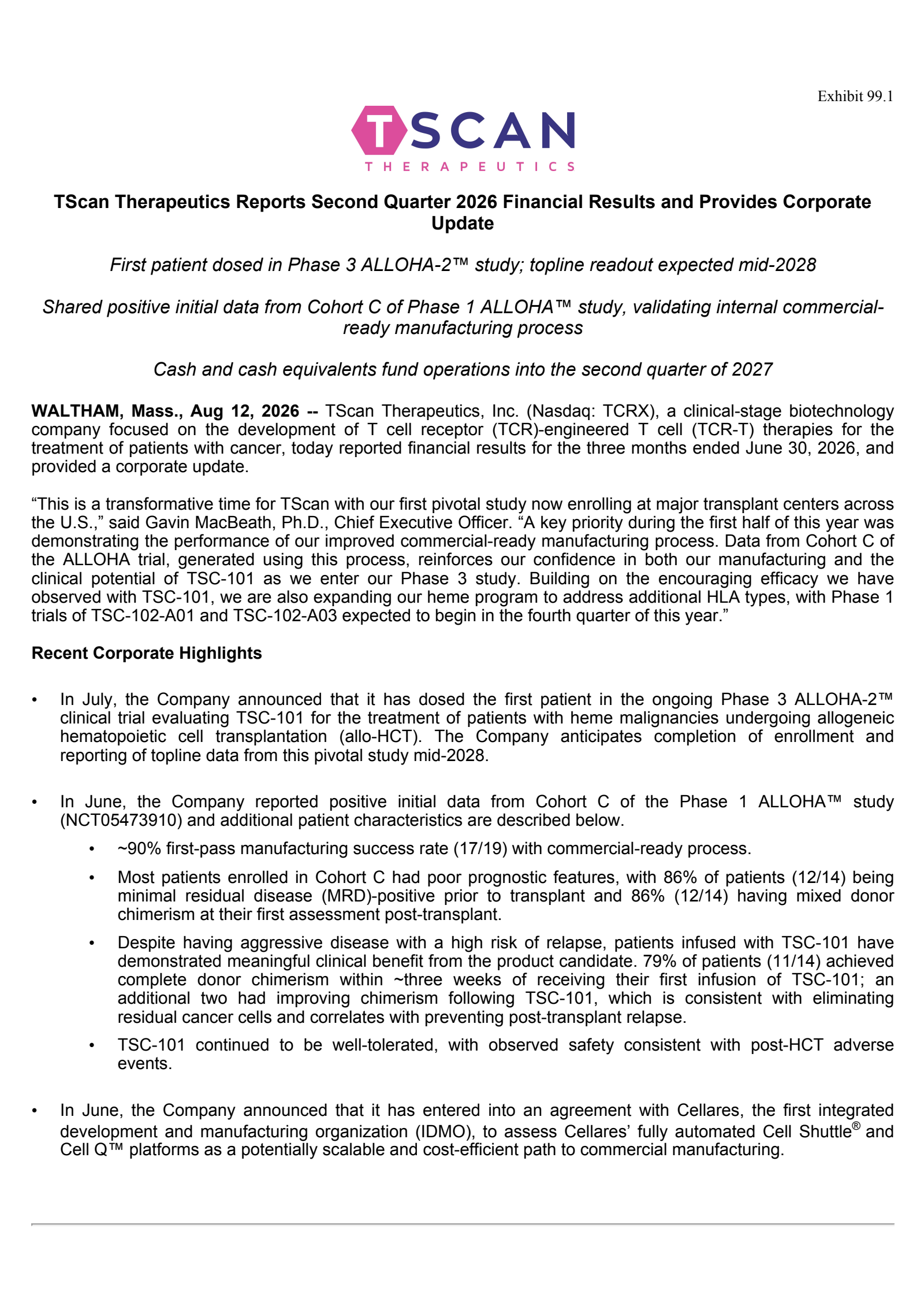 TScan Therapeutics' Q2 2026 Press Release