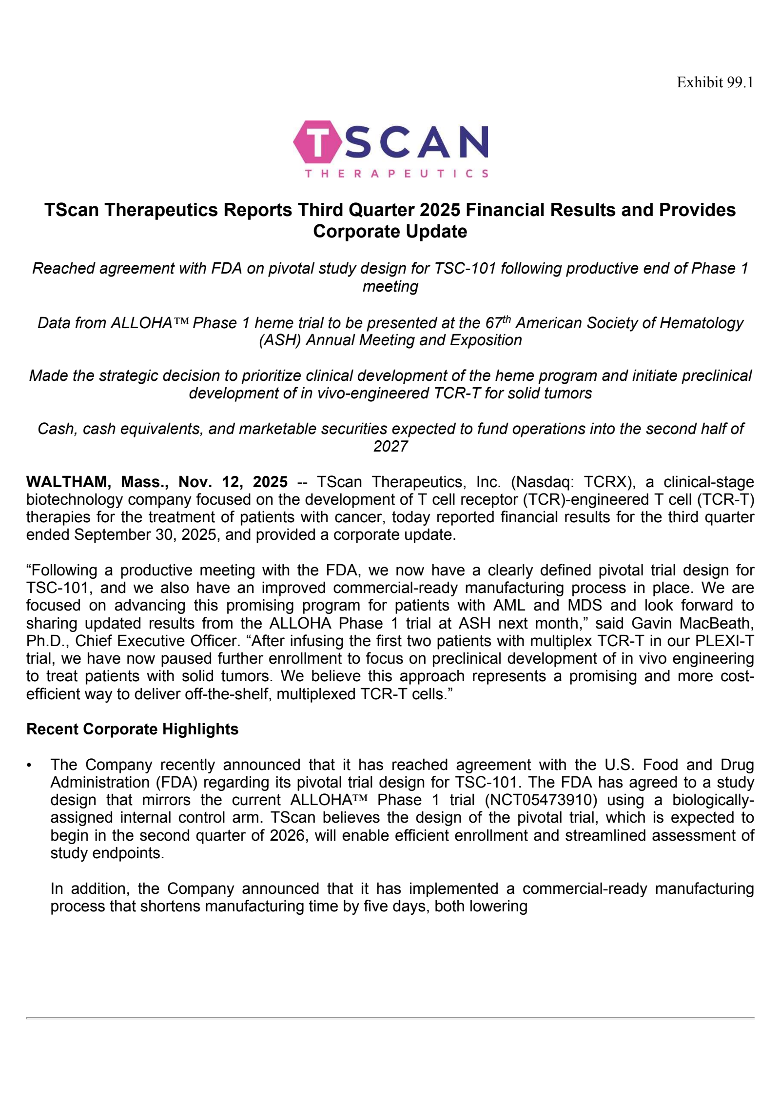TScan Therapeutics' Q3 2025 Earnings Release