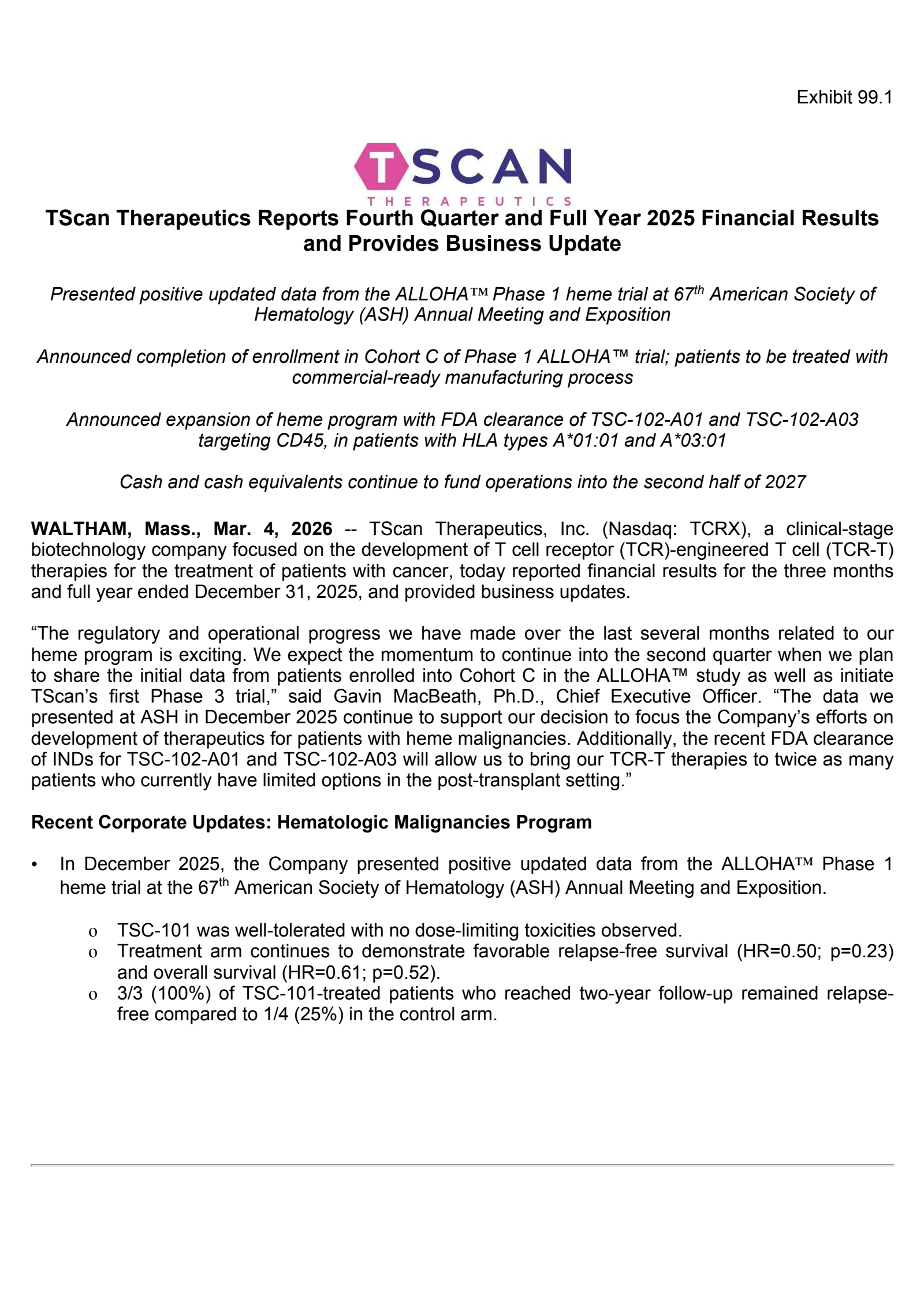 TScan Therapeutics' Q4 2025 Press Release