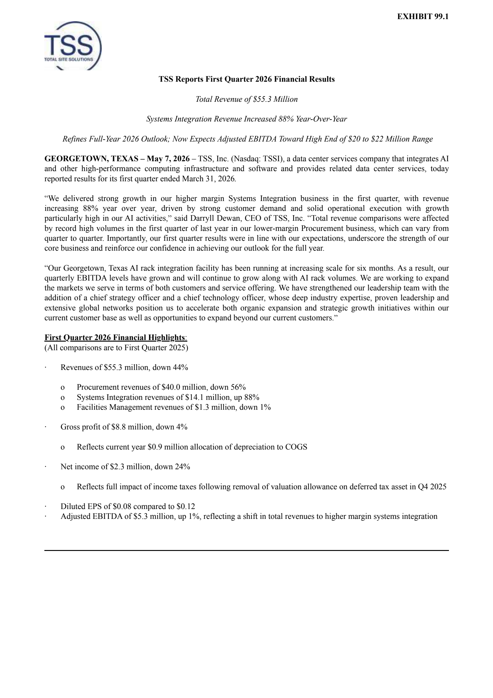 TSS's Q1 2026 Press Release