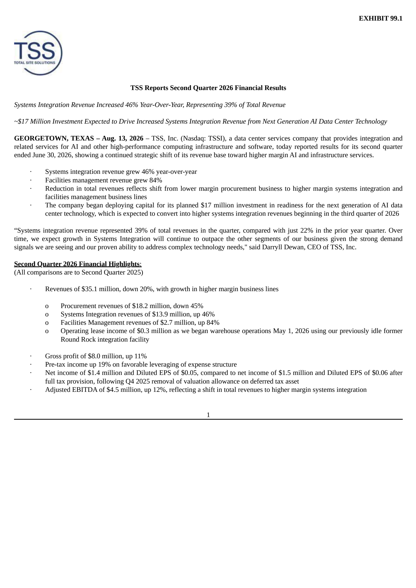 TSS's Q2 2026 Press Release
