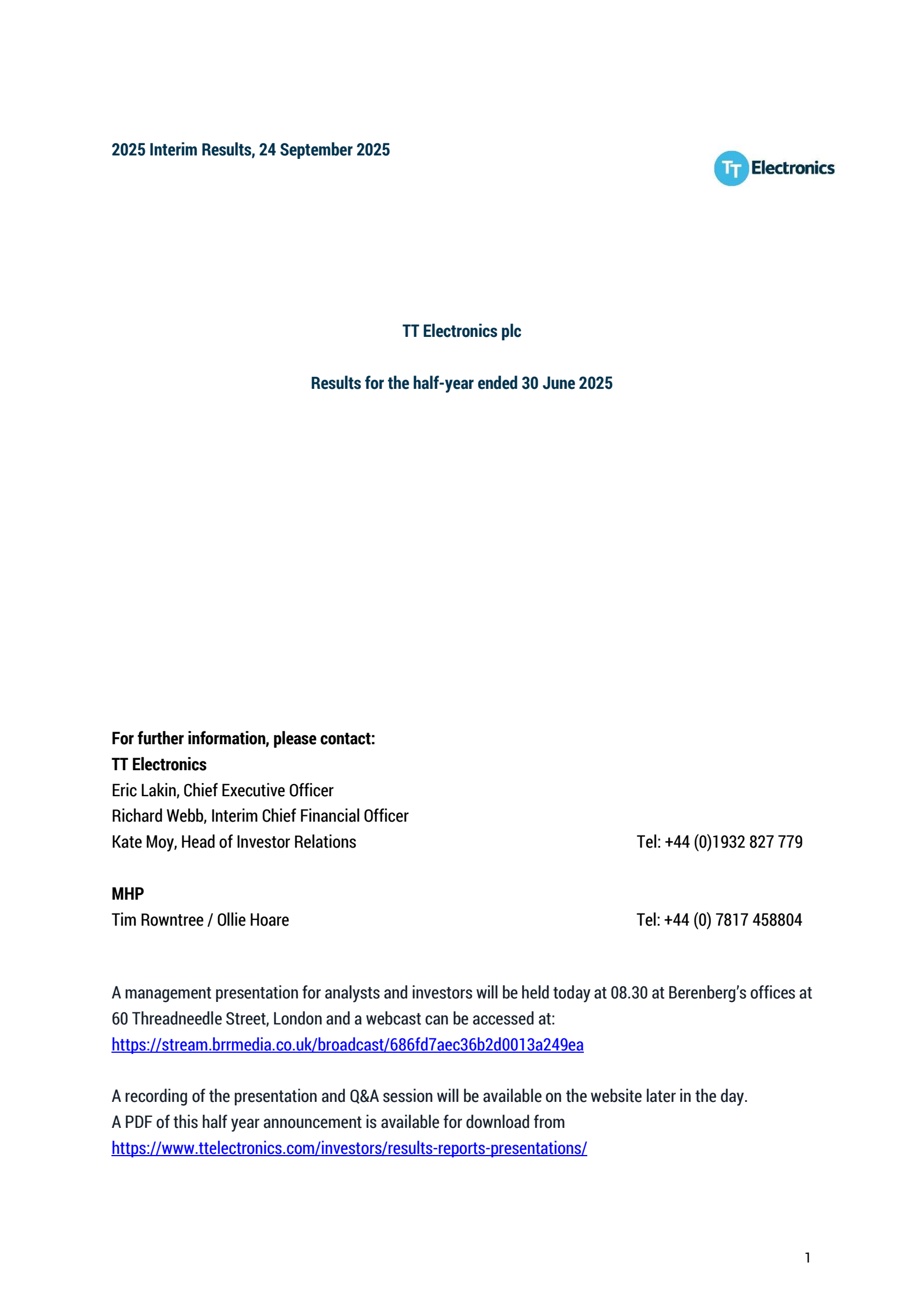 TT Electronics' H1 2025 Interim Report