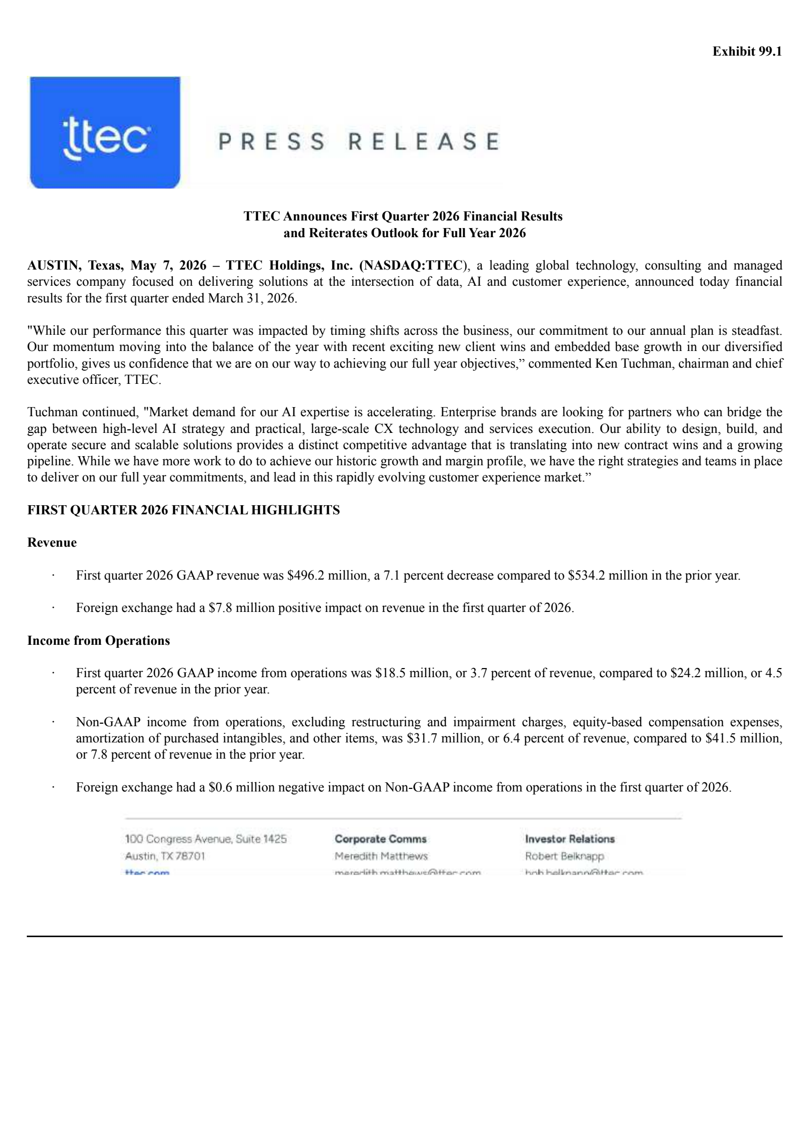 TeleTech's Q1 2026 Press Release