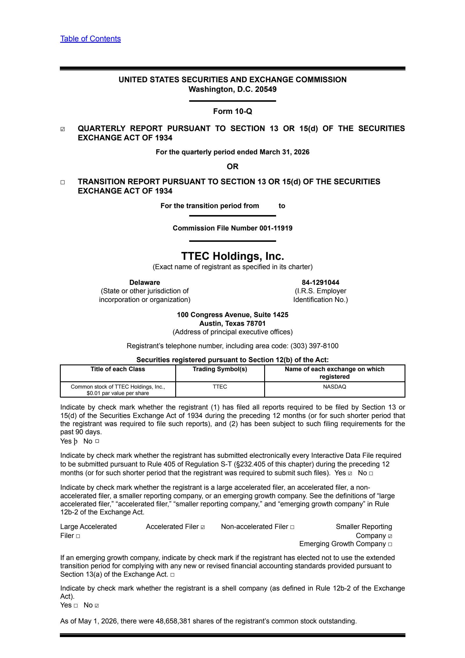 TeleTech's Q1 2026 Quarterly report
