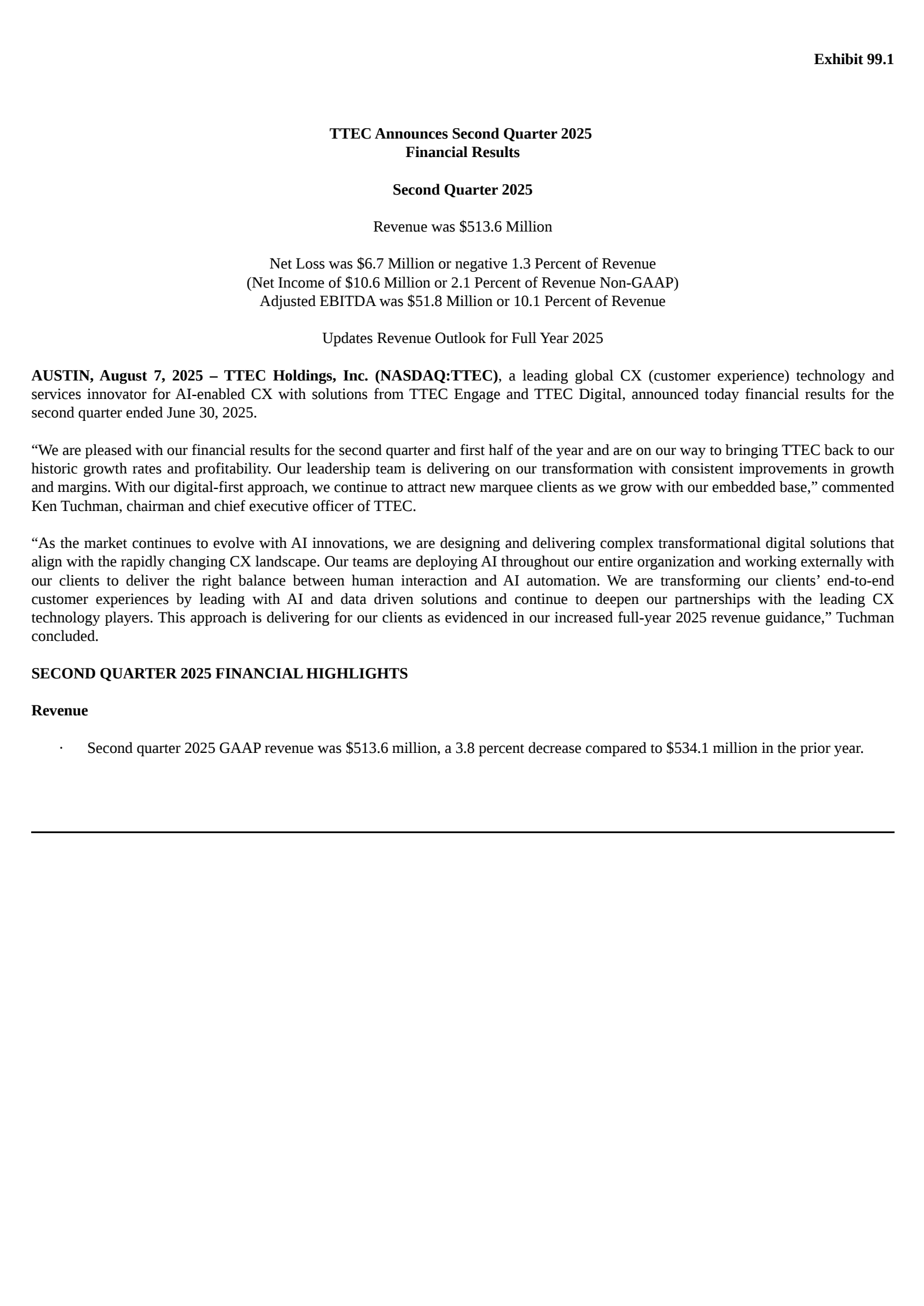 TeleTech's Q2 2025 Press Release